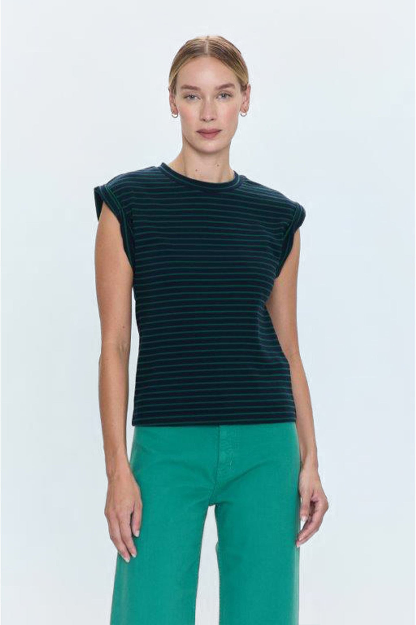 Allostudios – Olivia Twisted Sleeve Marina Top - Navy Grøn Stripe