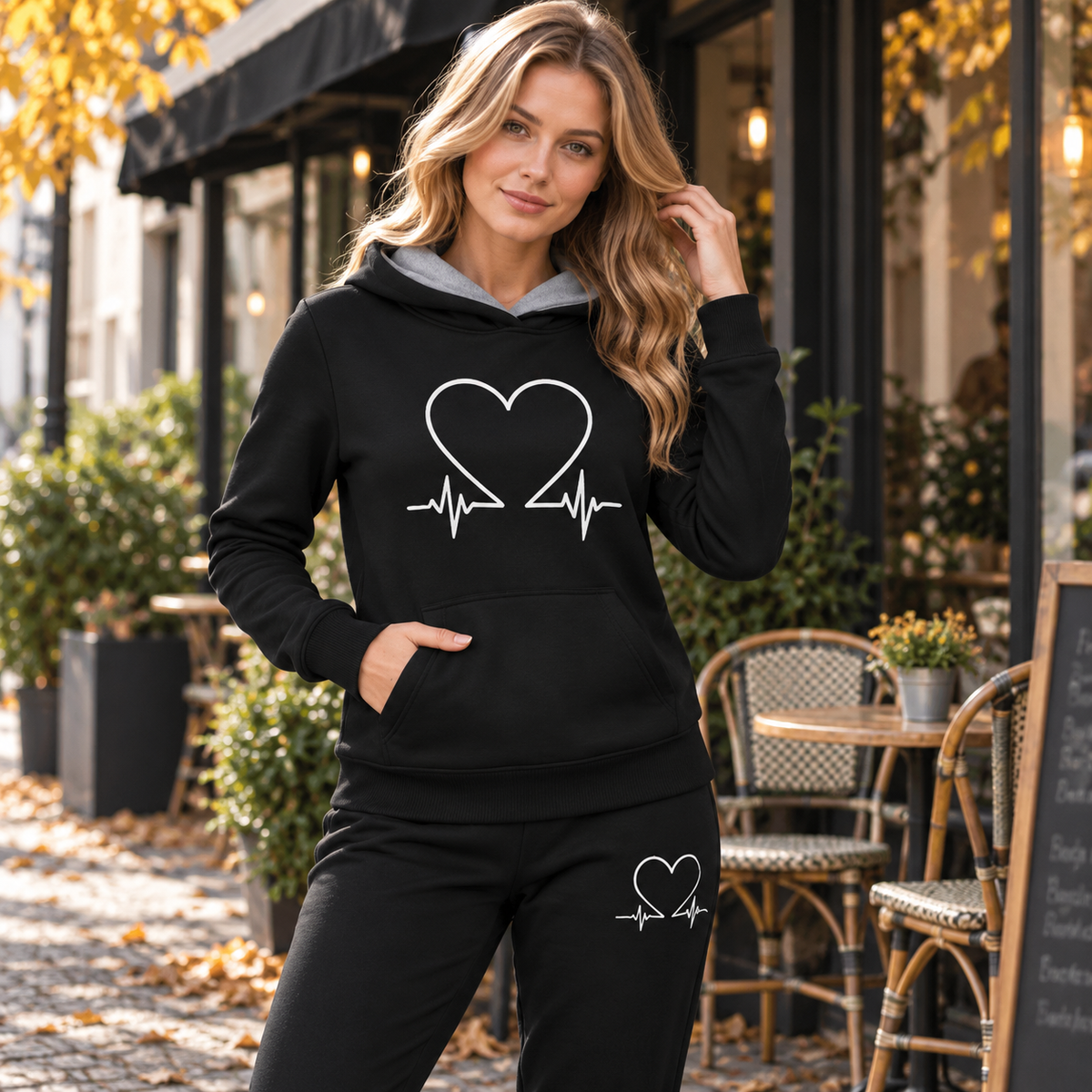 Blødt Fleece Hjerteslag Print Hoodie Sæt til Kvinder Komfortabel Hverdagsstil