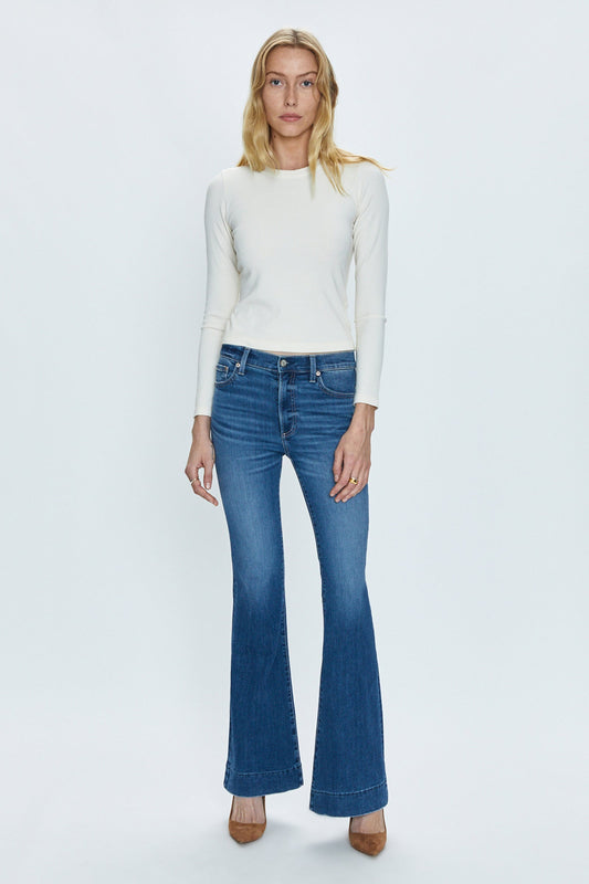 Allostudios – Kinsley Mid Rise Ultra Flare Jeans - Mellemblå Denim