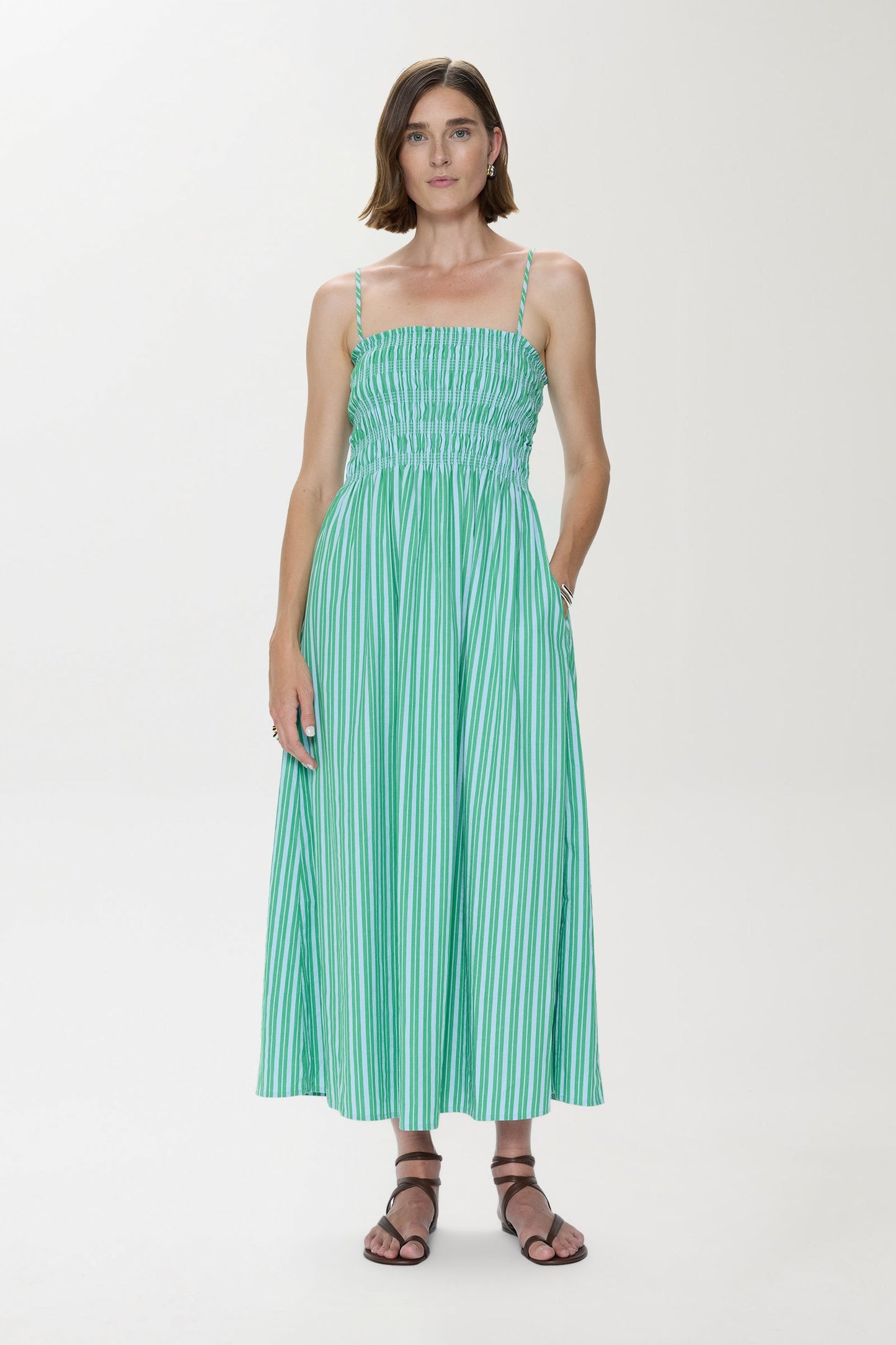 Allostudios Bianca Shirred Bodice Dress - Grøn/Blå Stribet