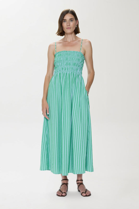 Allostudios Bianca Shirred Bodice Dress - Grøn/Blå Stribet