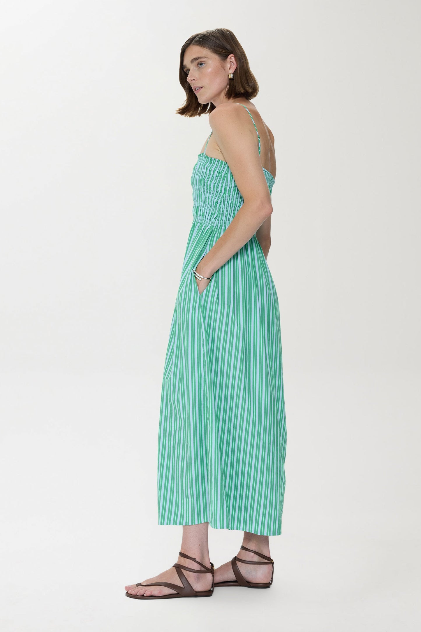 Allostudios Bianca Shirred Bodice Dress - Grøn/Blå Stribet