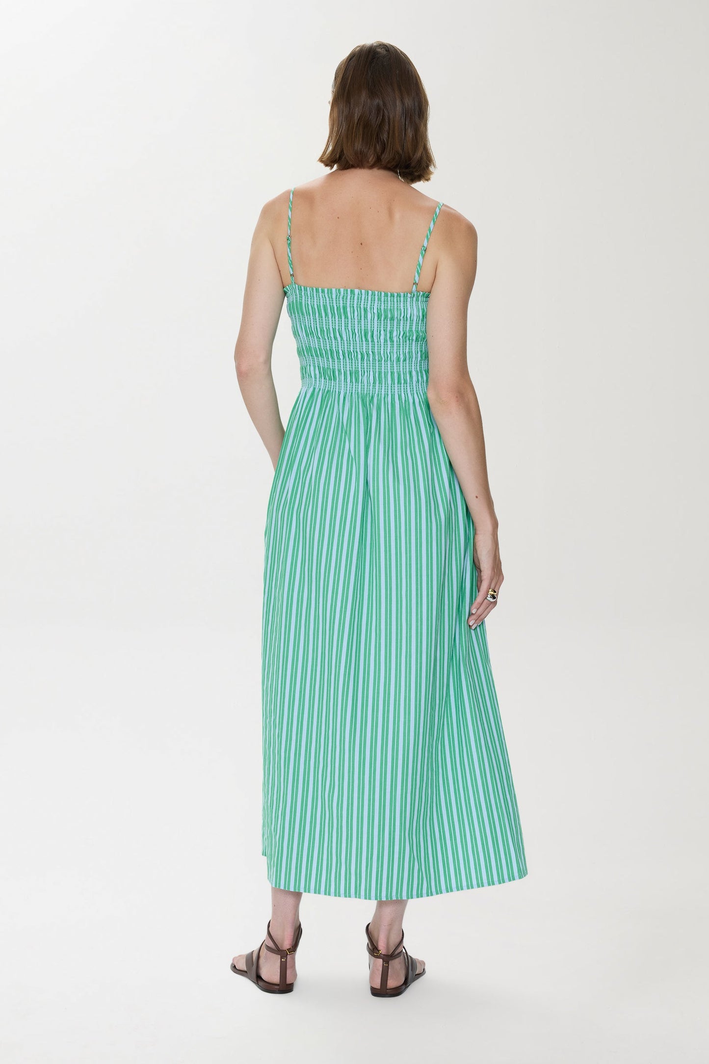 Allostudios Bianca Shirred Bodice Dress - Grøn/Blå Stribet