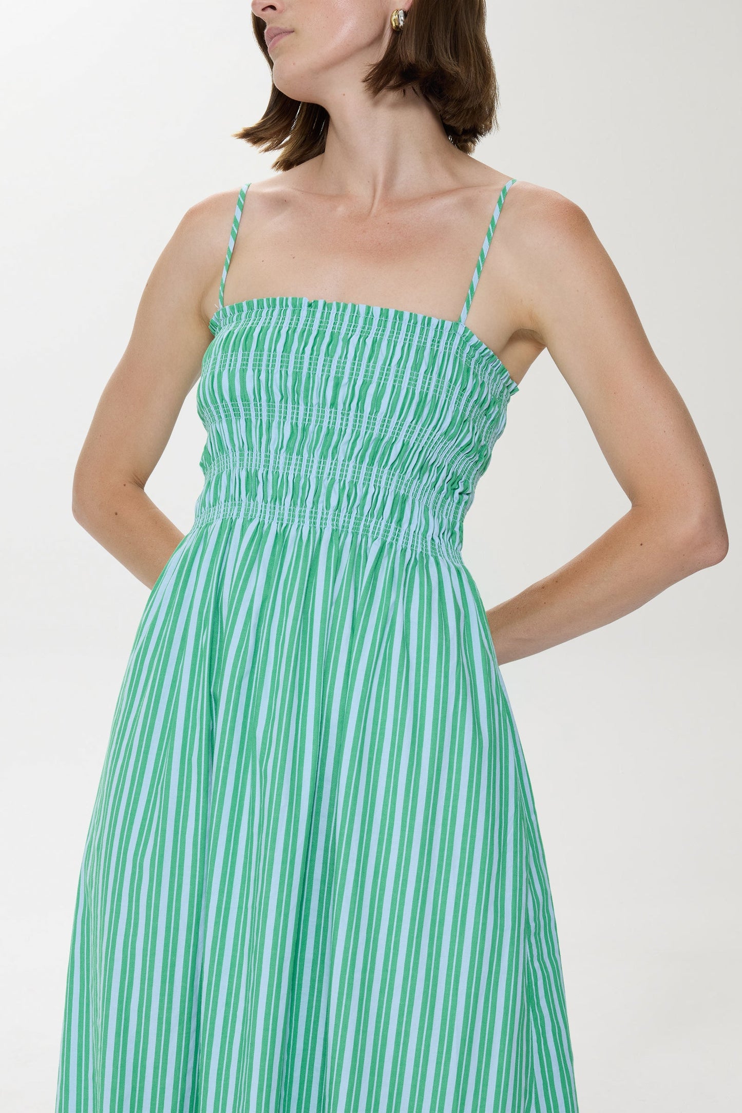 Allostudios Bianca Shirred Bodice Dress - Grøn/Blå Stribet