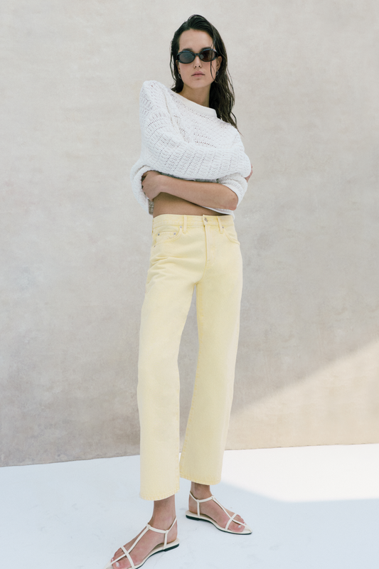 Allostudios – Lexi Mid Rise Bowed Straight Jeans - Lys Beige