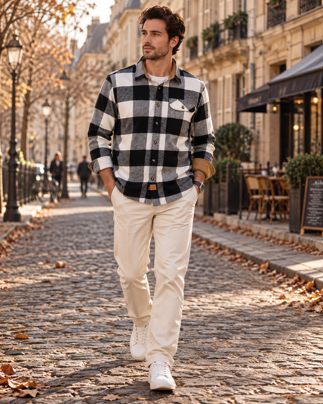 Carlos Chemise Flanelle til Mænd - 100 % Coton Brossé, Carreaux & Lange Ærmer