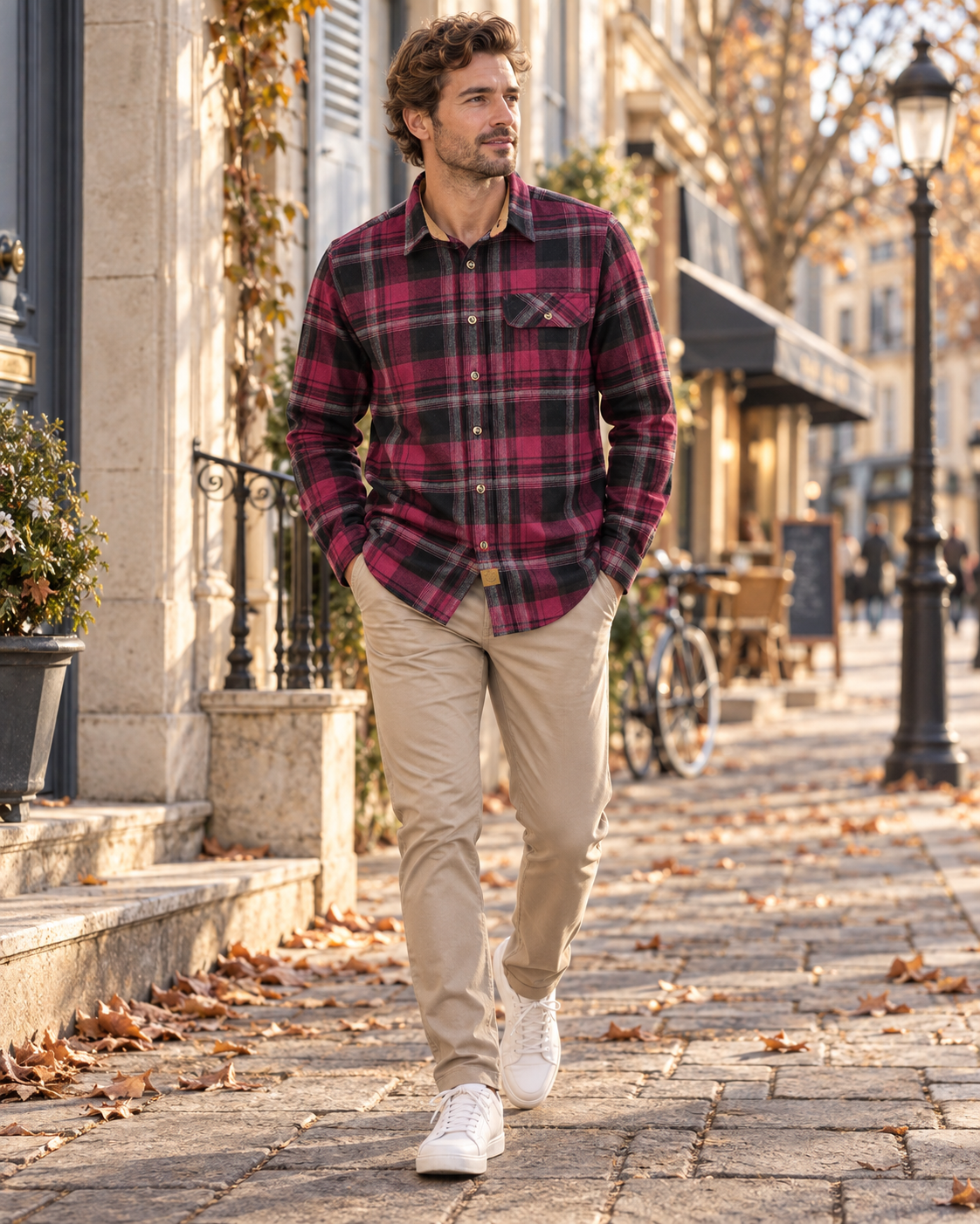 Carlos Chemise Flanelle til Mænd - 100 % Coton Brossé, Carreaux & Lange Ærmer