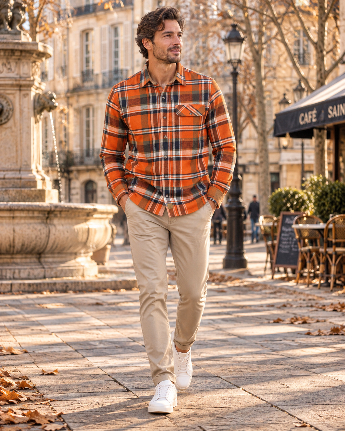 Carlos Chemise Flanelle til Mænd - 100 % Coton Brossé, Carreaux & Lange Ærmer