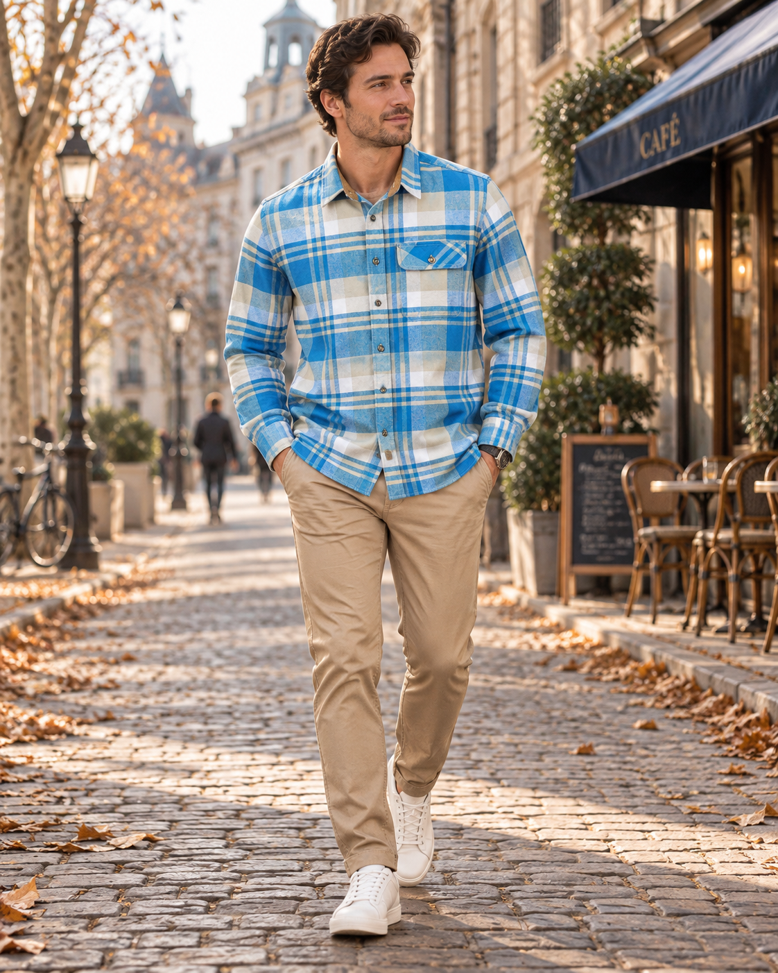 Carlos Chemise Flanelle til Mænd - 100 % Coton Brossé, Carreaux & Lange Ærmer