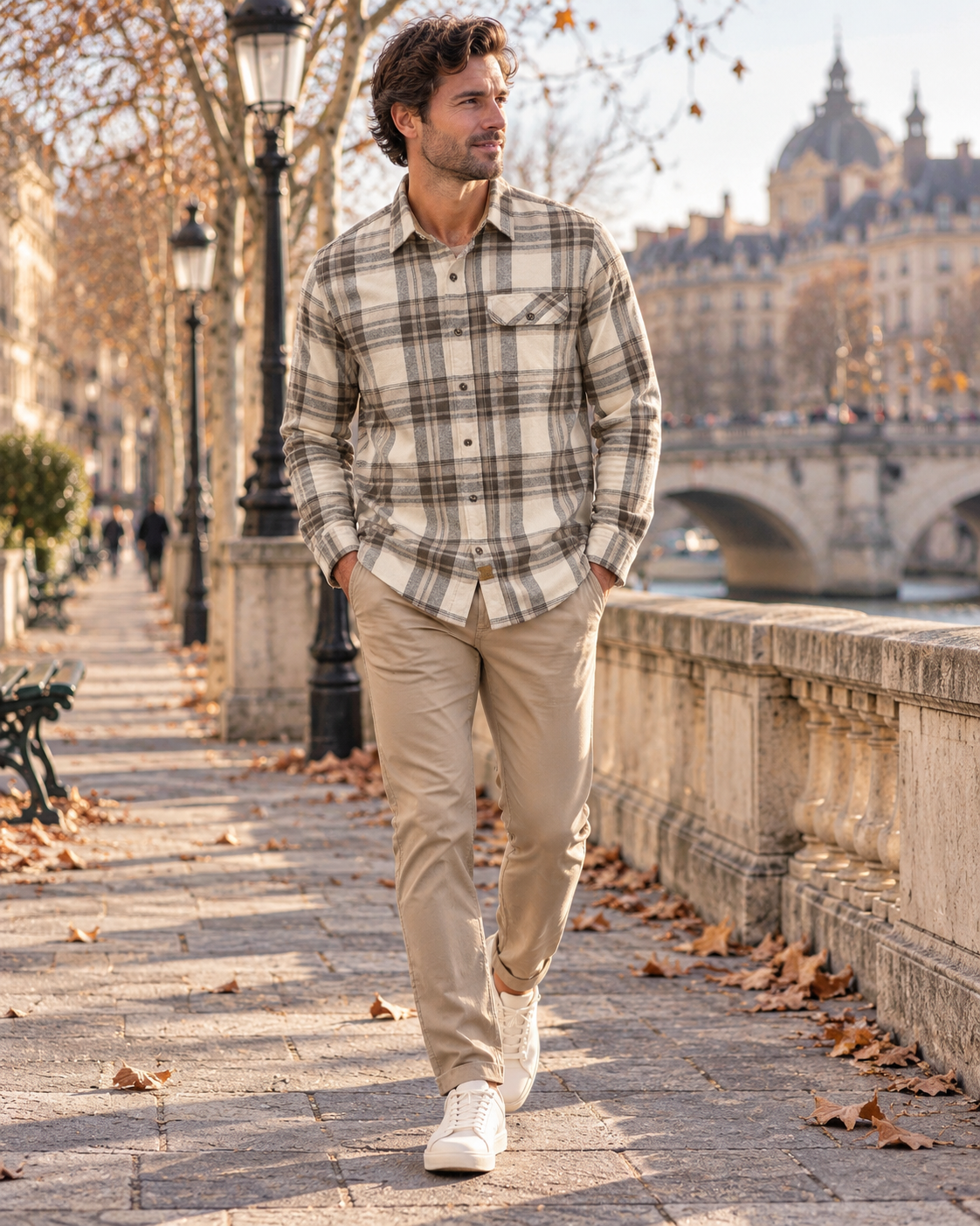 Carlos Chemise Flanelle til Mænd - 100 % Coton Brossé, Carreaux & Lange Ærmer
