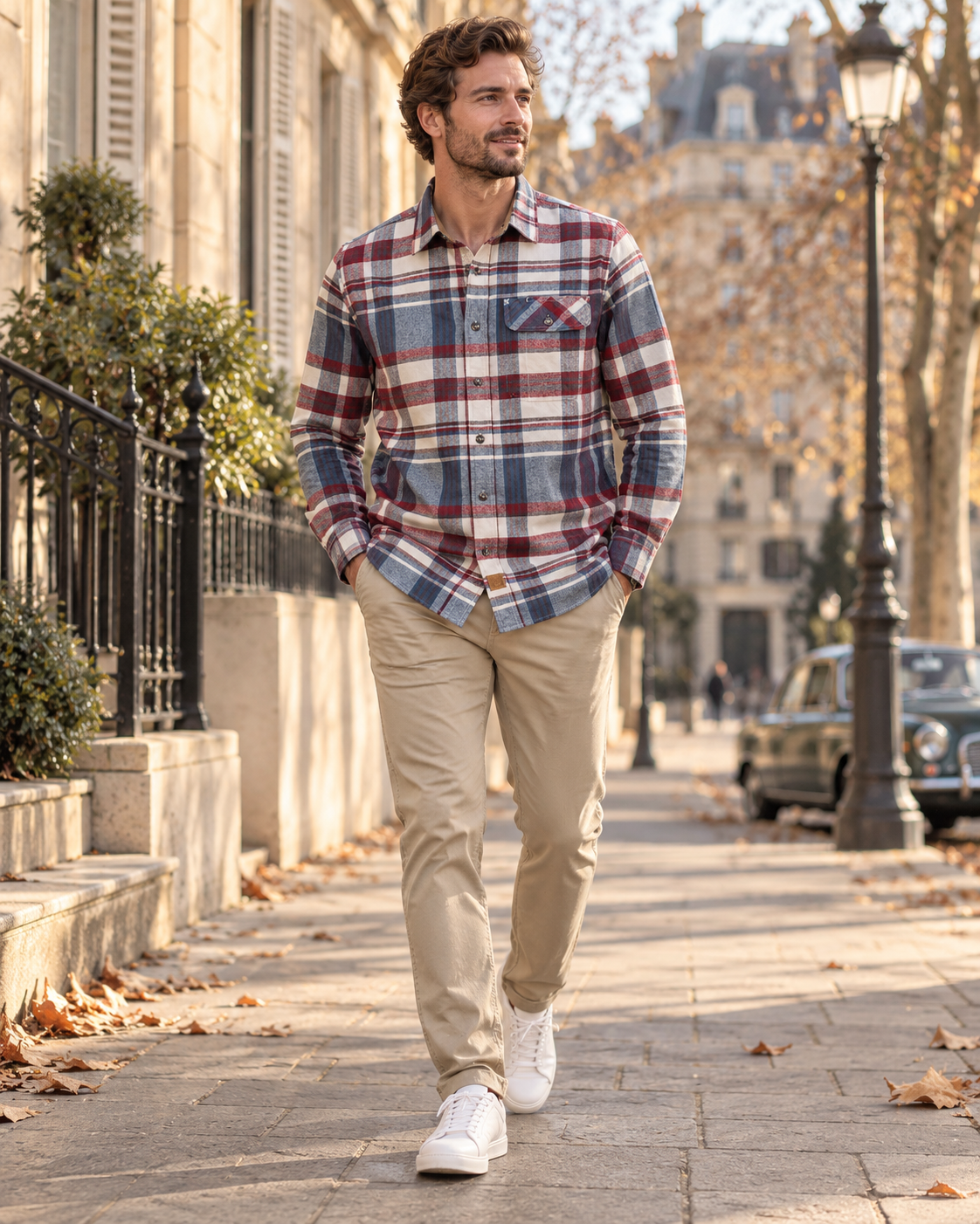 Carlos Chemise Flanelle til Mænd - 100 % Coton Brossé, Carreaux & Lange Ærmer