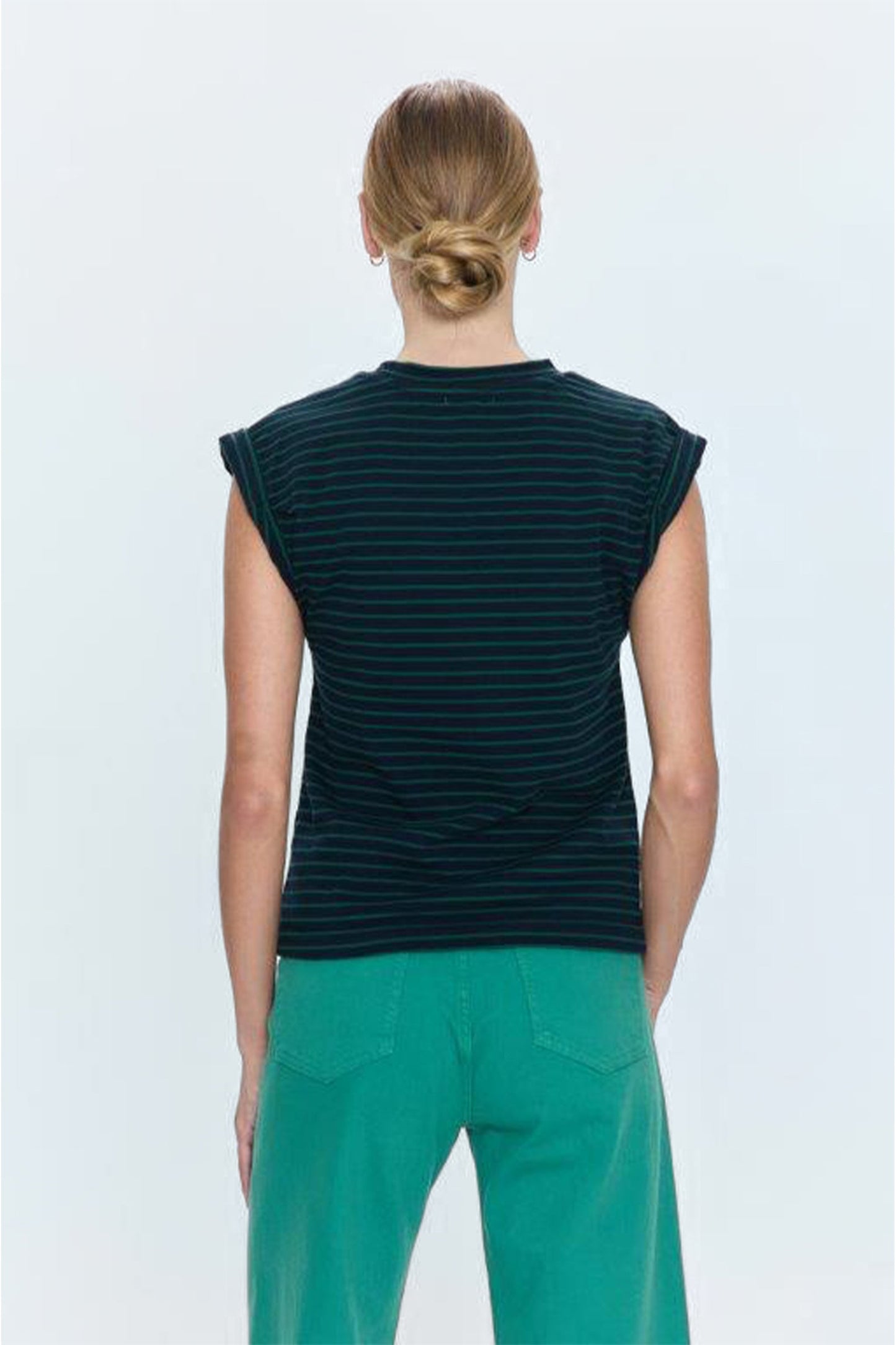 Allostudios – Olivia Twisted Sleeve Marina Top - Navy Grøn Stripe