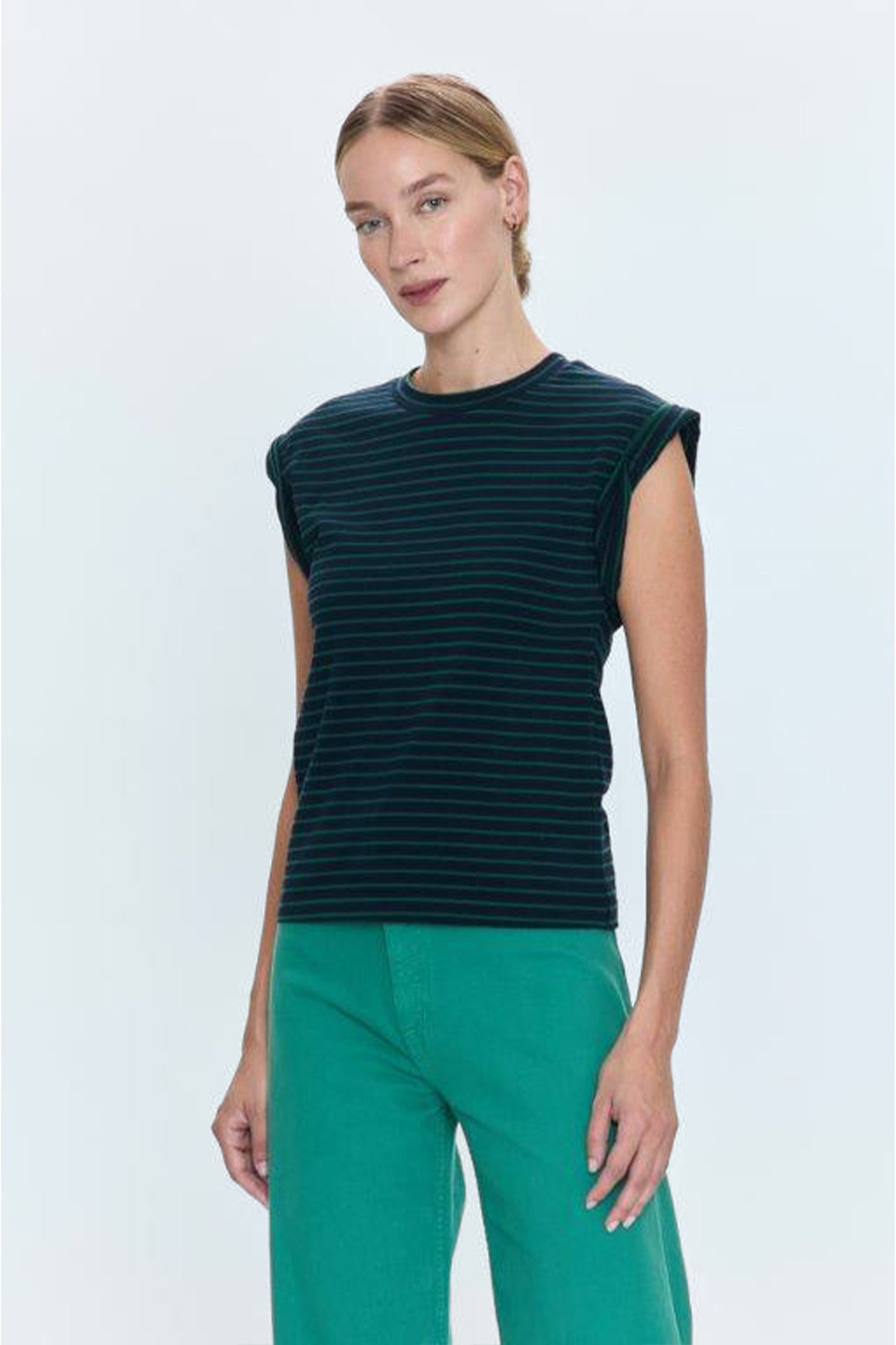 Allostudios – Olivia Twisted Sleeve Marina Top - Navy Grøn Stripe