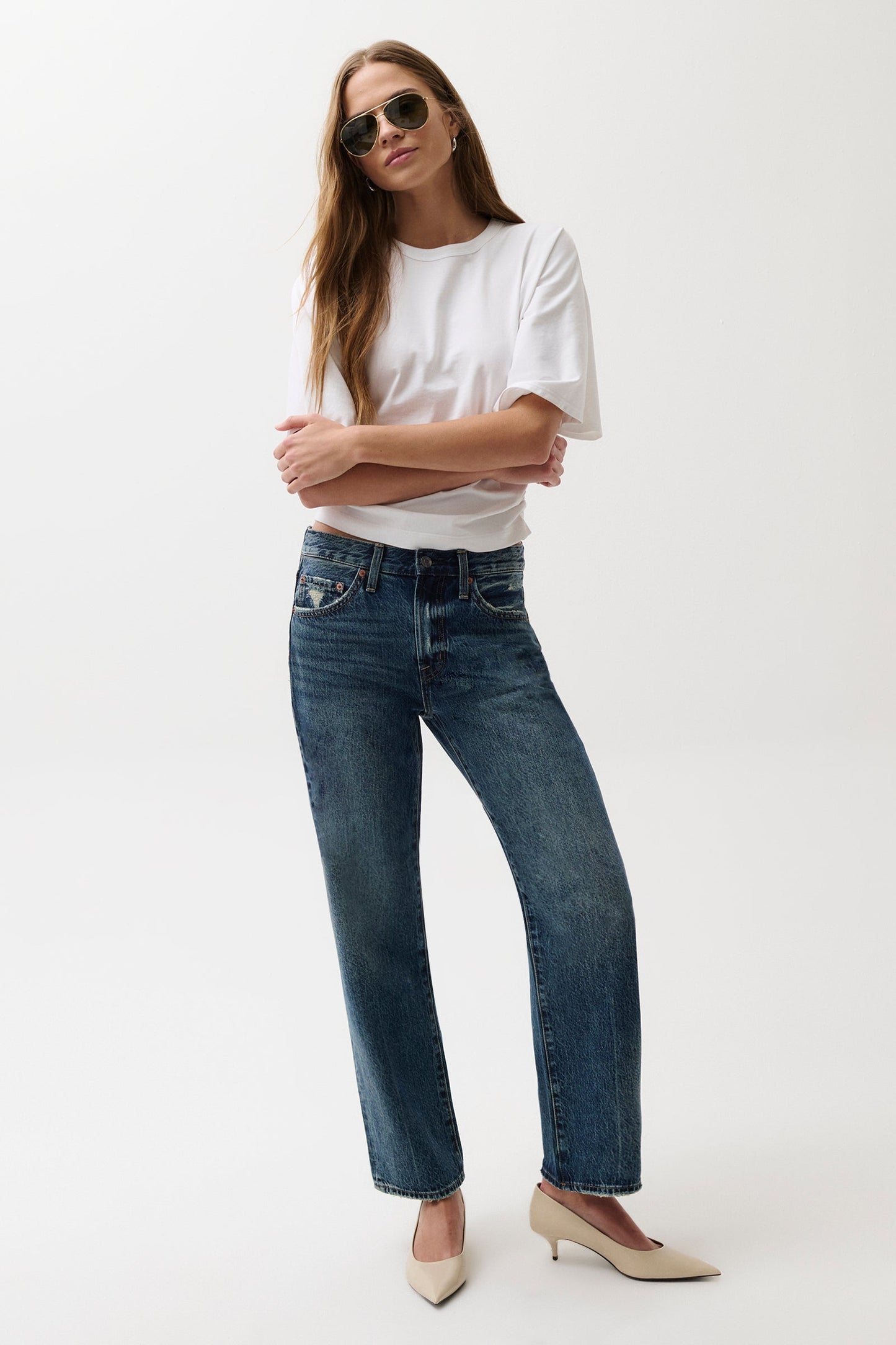 Allostudios – Lexi Mellemhøjtaljede Bowed Straight Jeans - Støvet Stålblå