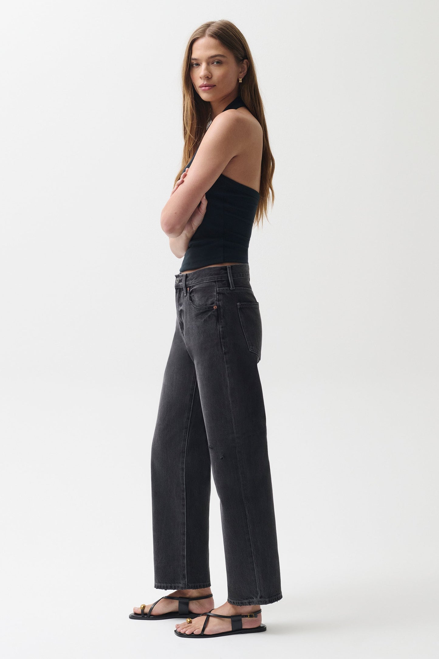 Allostudios – PETITE Lexi Bowed Straight Jeans - Vasket Sort Denim