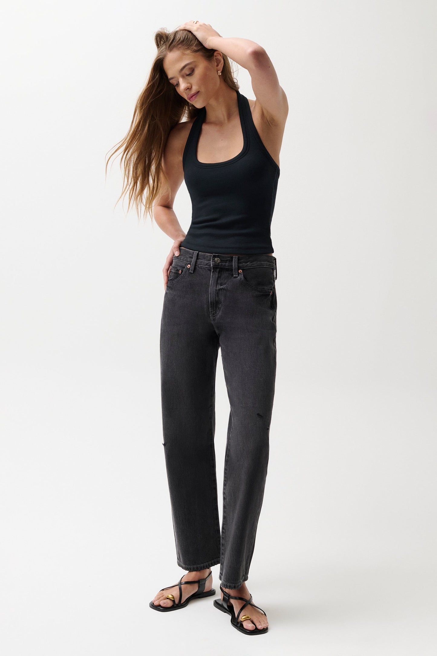 Allostudios – PETITE Lexi Bowed Straight Jeans - Vasket Sort Denim