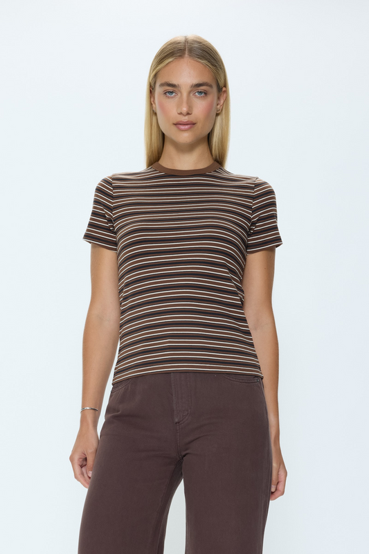 Allostudios – Alba Tætsiddende T-shirt - Brun/Sort Stribet