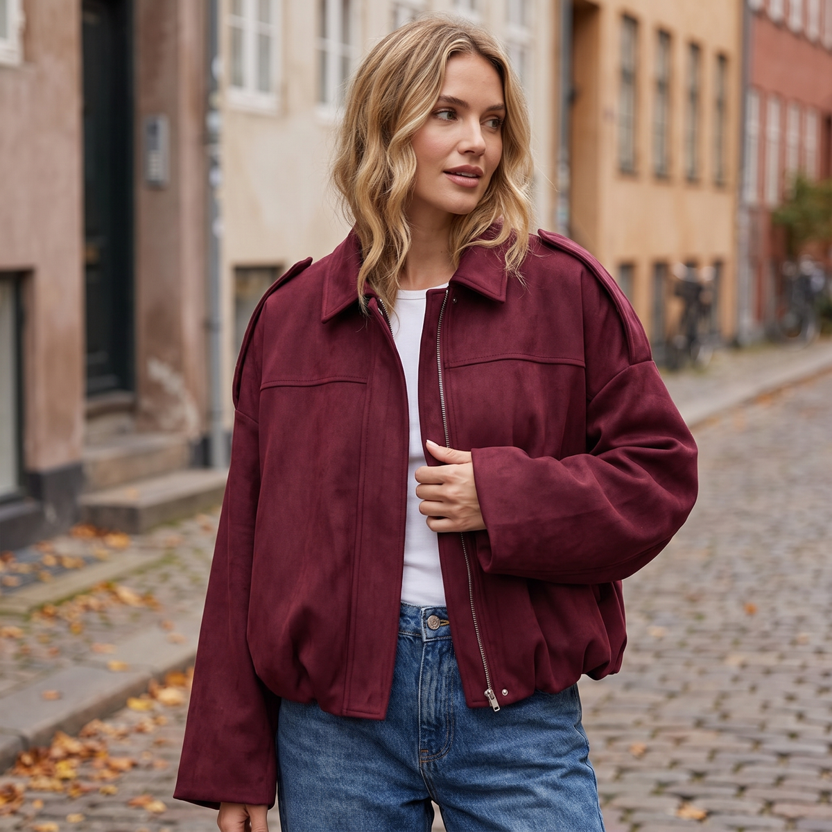 Ruskind Bomberjakke Til Kvinder Med Oversized Pasform Og Klassisk Krave