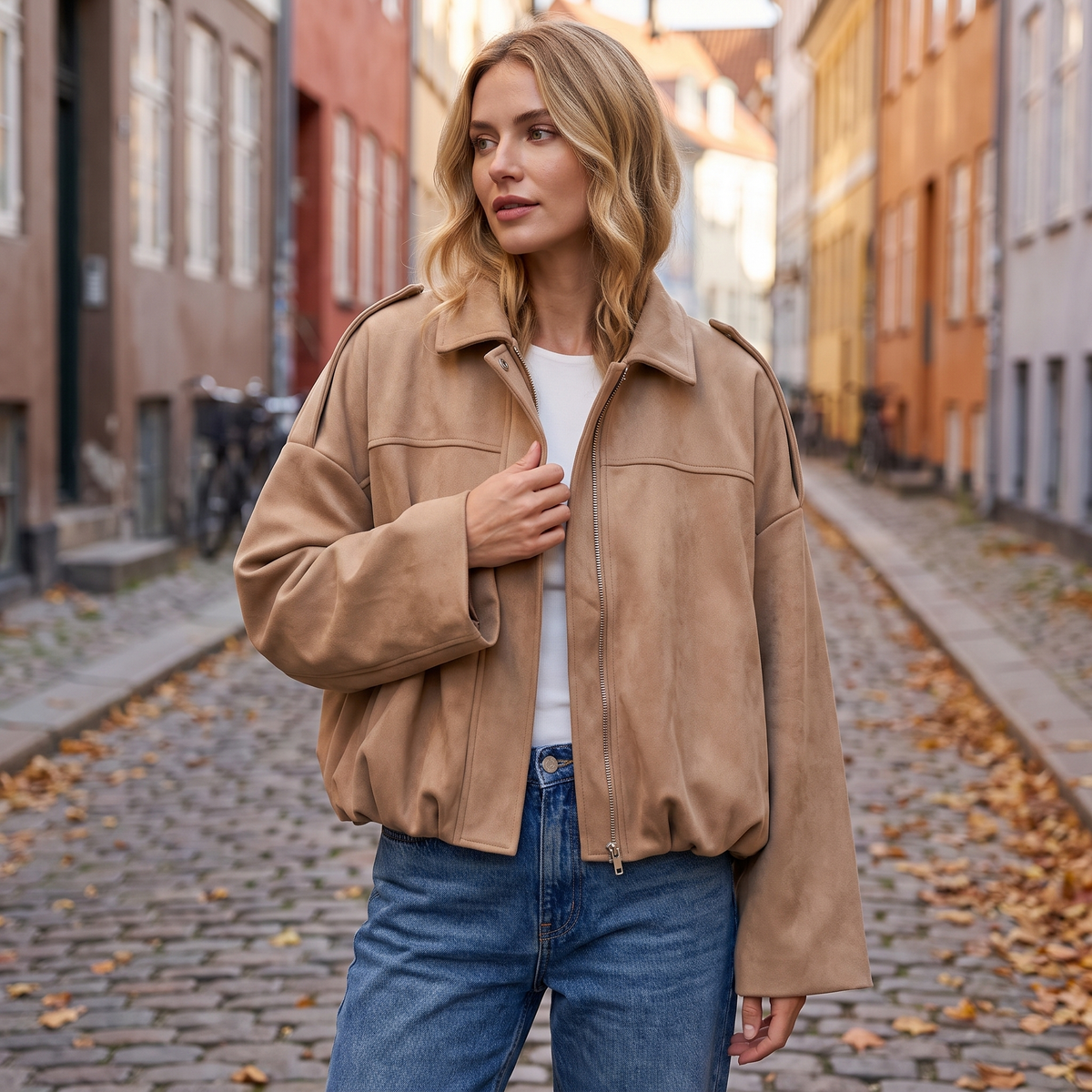 Ruskind Bomberjakke Til Kvinder Med Oversized Pasform Og Klassisk Krave
