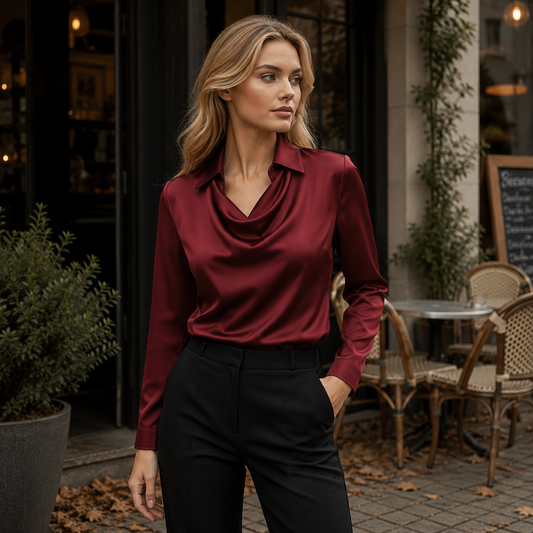 Satin Bluse Med Draperet Halsudskæring Og Lange Ærmer