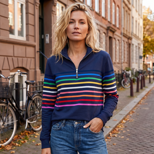 Regnbuestribet Sweatshirt Med Halv Lynlås Og Høj Krave - Allostudios