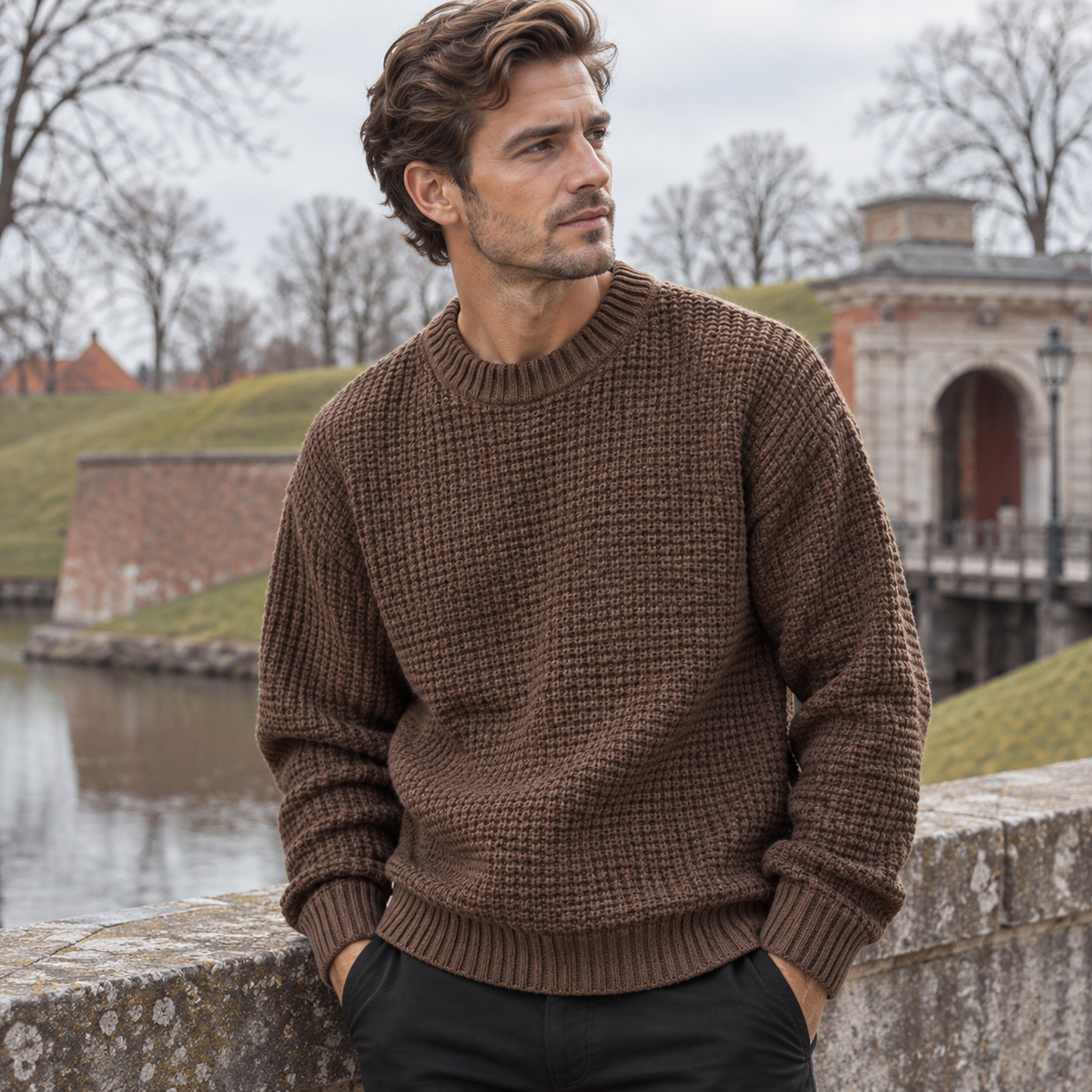 Herre Casual Sweater Med Rund Hals Og Struktureret Strik