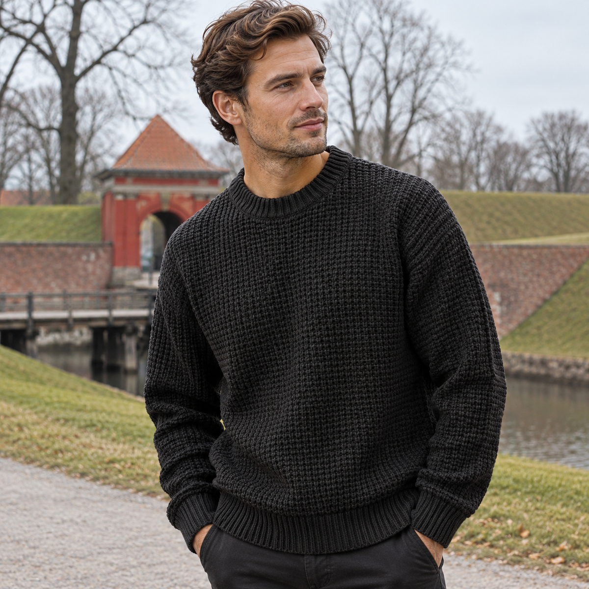 Herre Casual Sweater Med Rund Hals Og Struktureret Strik