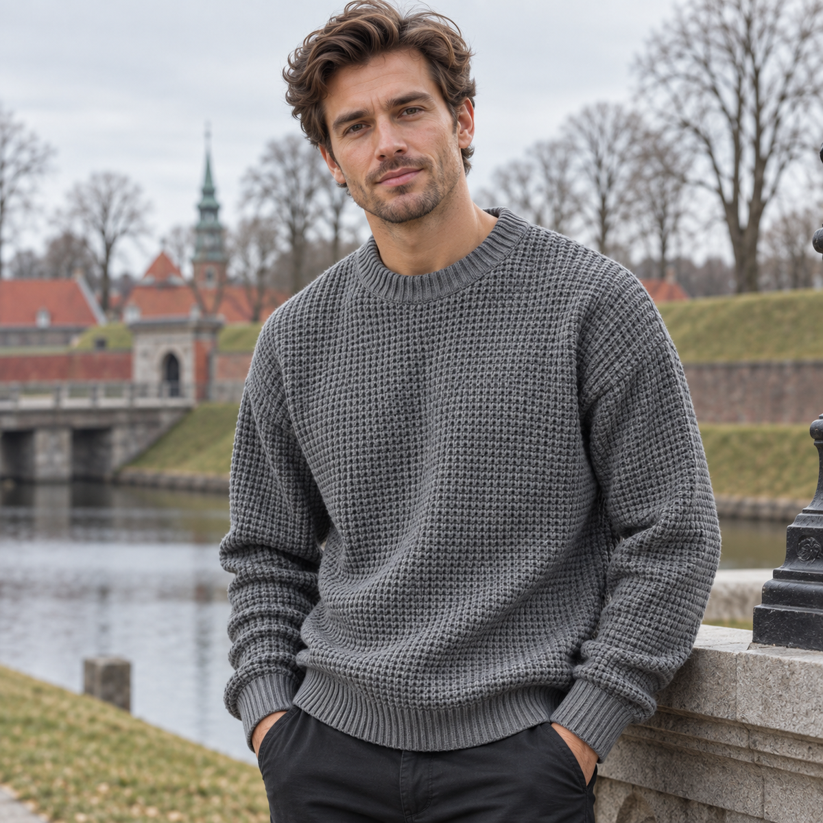 Herre Casual Sweater Med Rund Hals Og Struktureret Strik