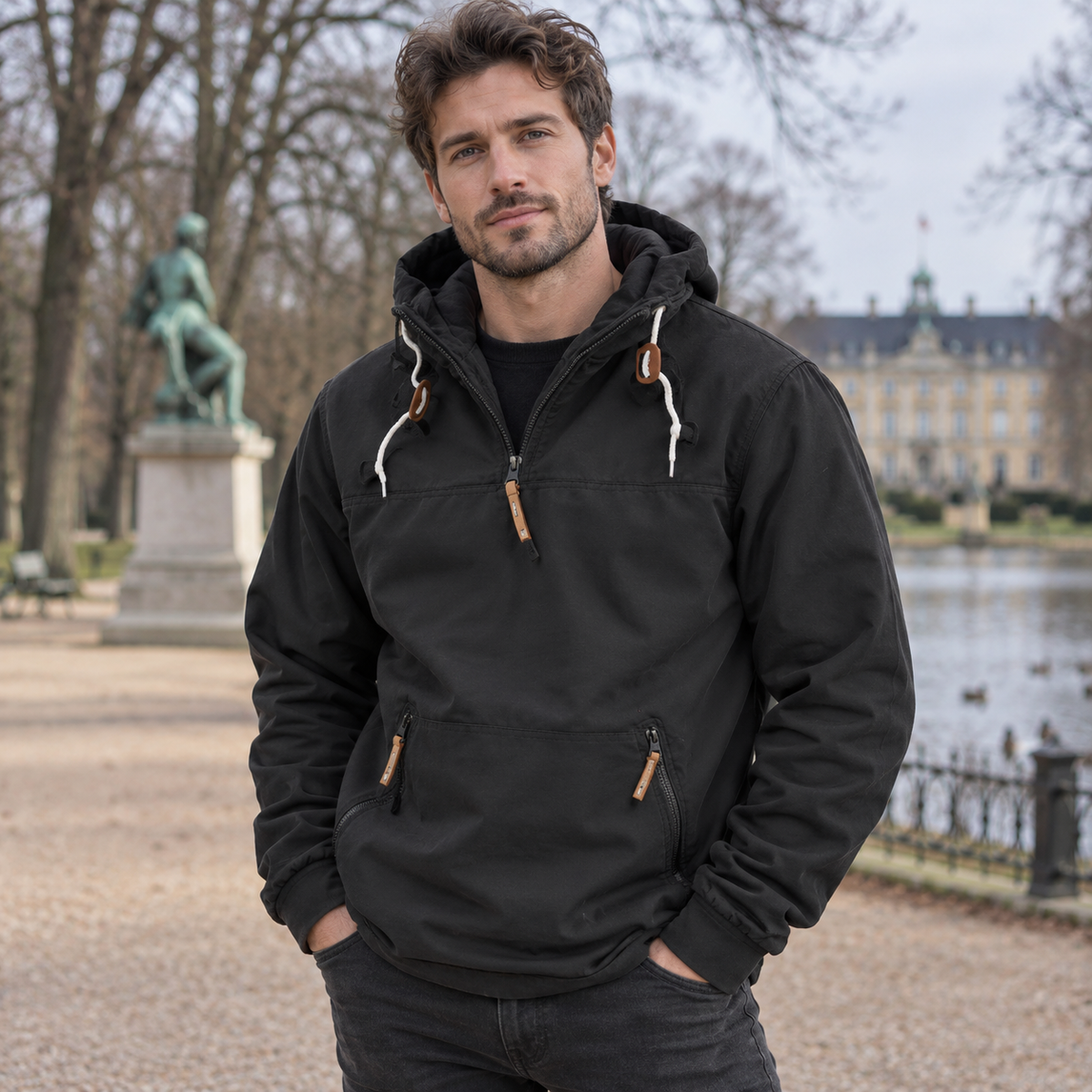 Herre Pullover Hoodie Med Hætte Og Praktiske Lynlåslommer
