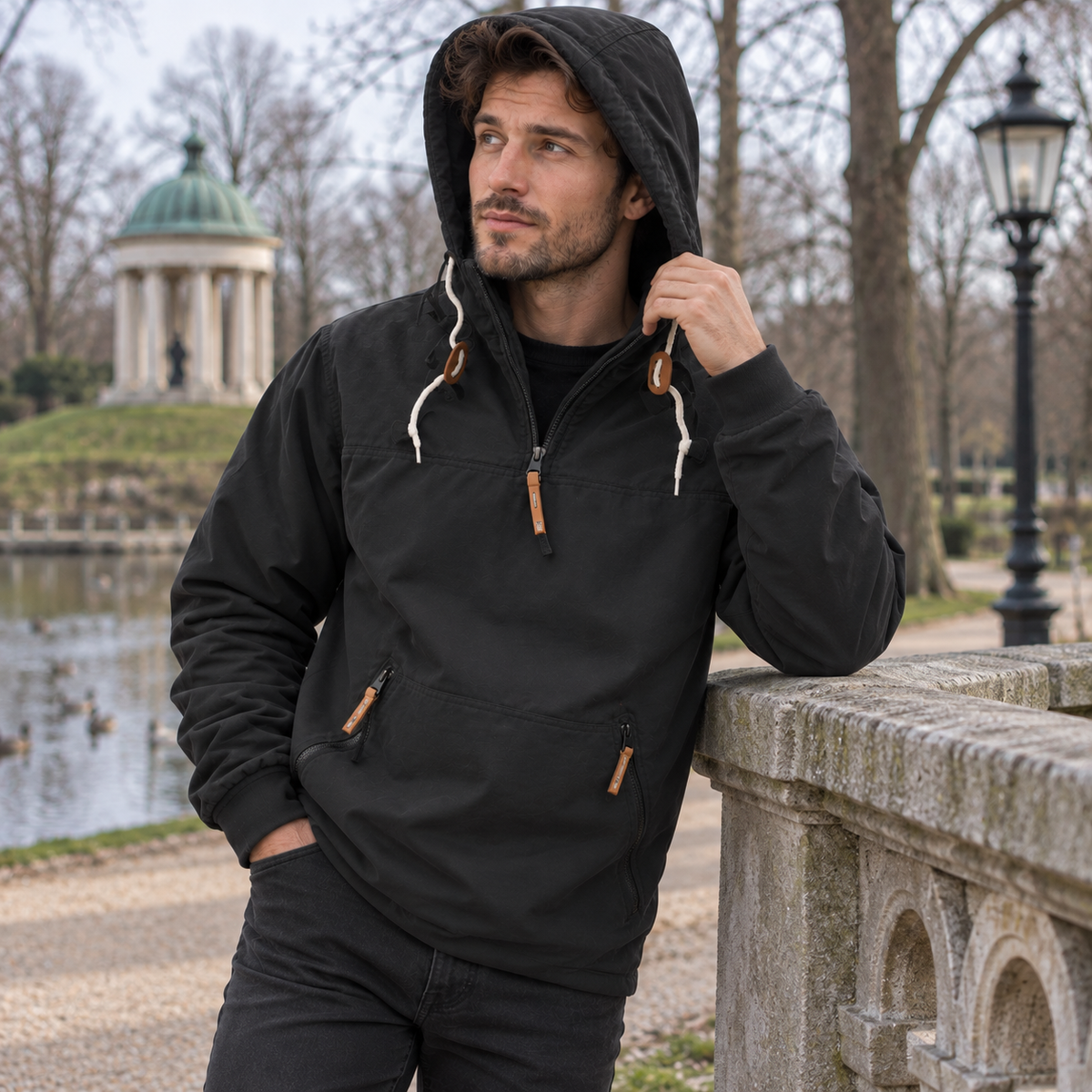 Herre Pullover Hoodie Med Hætte Og Praktiske Lynlåslommer