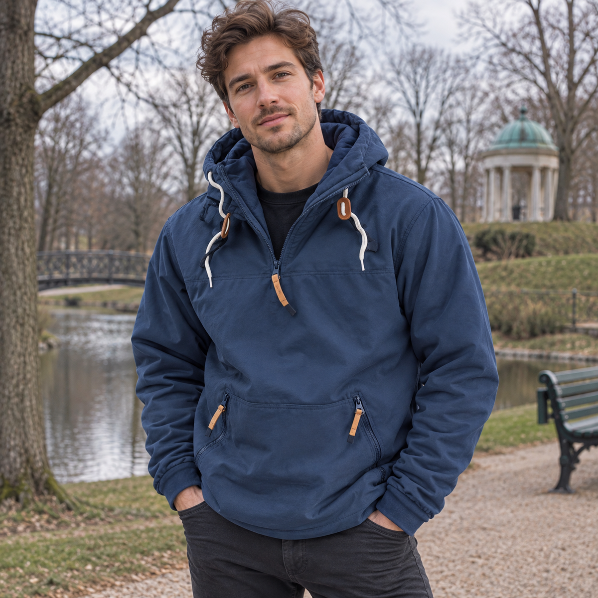 Herre Pullover Hoodie Med Hætte Og Praktiske Lynlåslommer