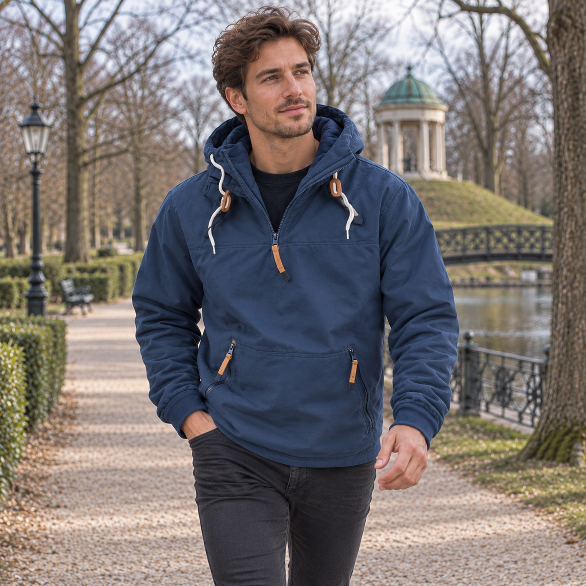 Herre Pullover Hoodie Med Hætte Og Praktiske Lynlåslommer