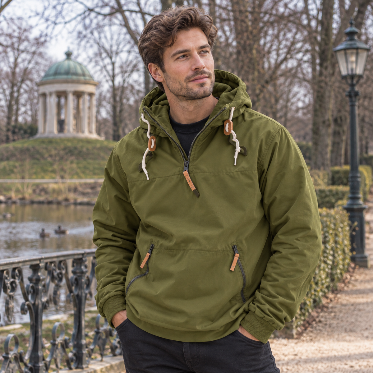 Herre Pullover Hoodie Med Hætte Og Praktiske Lynlåslommer