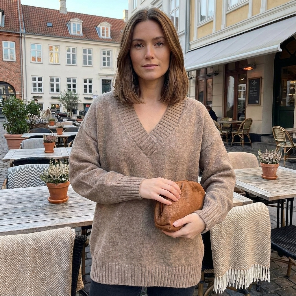 Relaxed Fit V-Hals Sweater Til Kvinder Med Ribstrikkede Detaljer