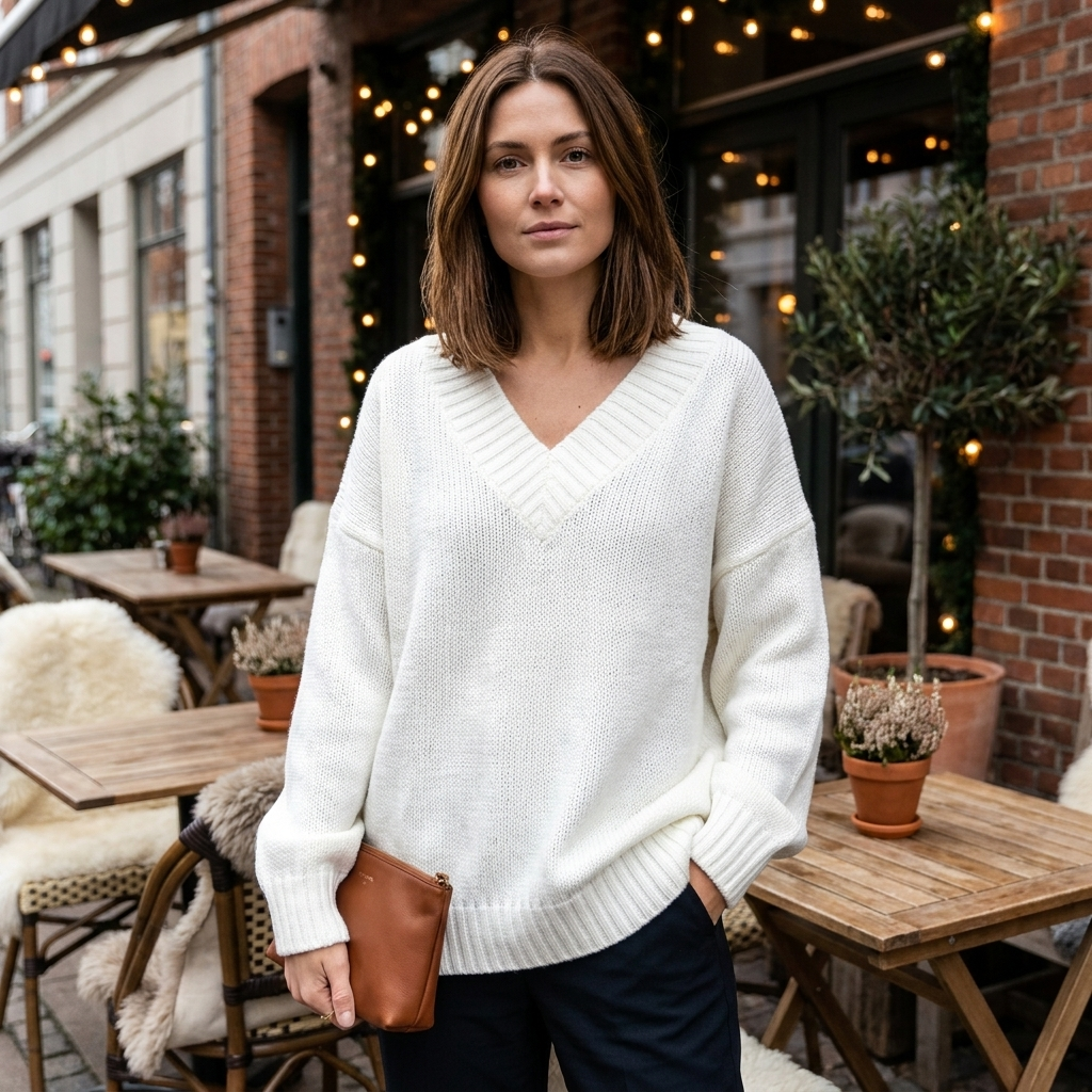 Relaxed Fit V-Hals Sweater Til Kvinder Med Ribstrikkede Detaljer