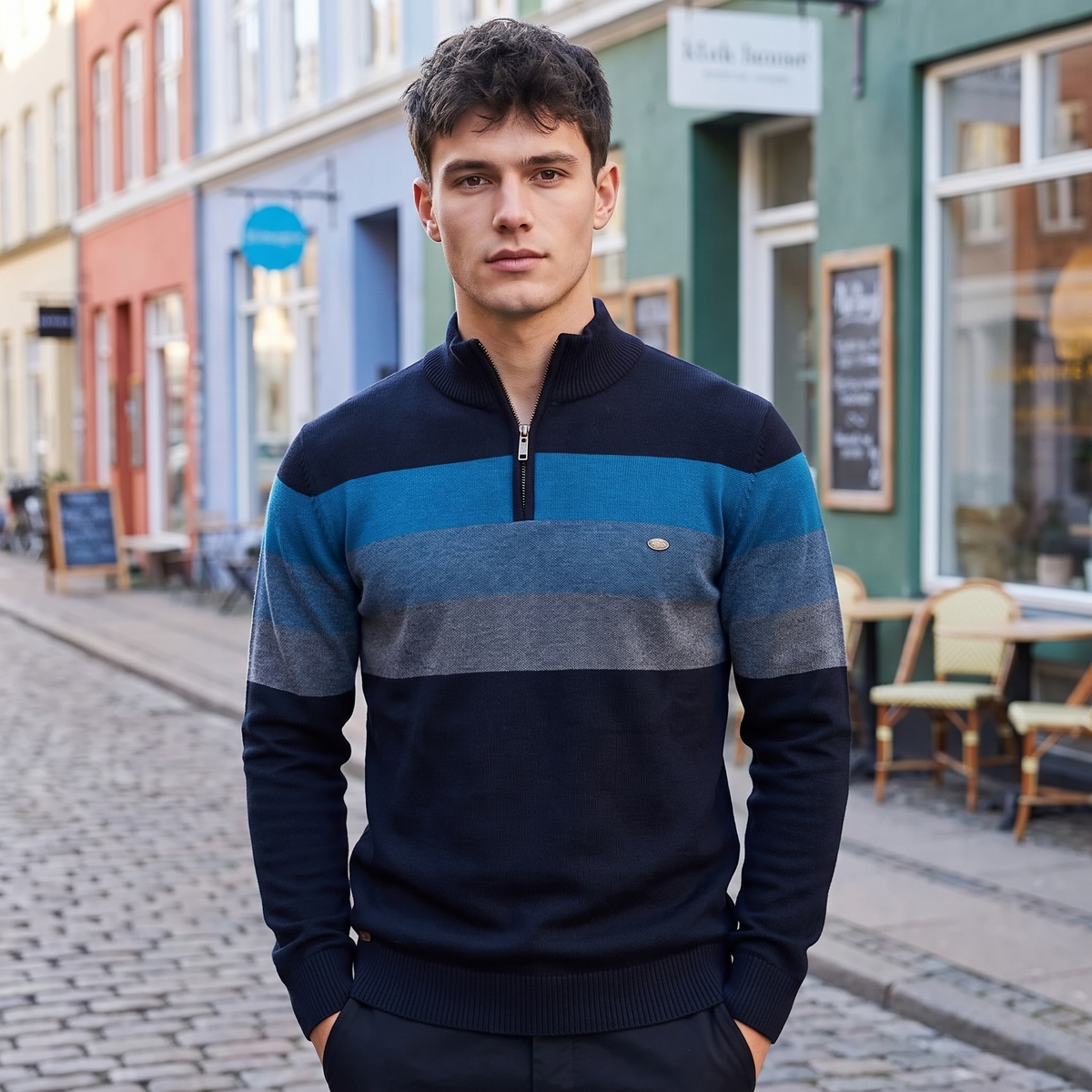 Herre Half Zip Sweater Klassisk Stribet Casual Stil