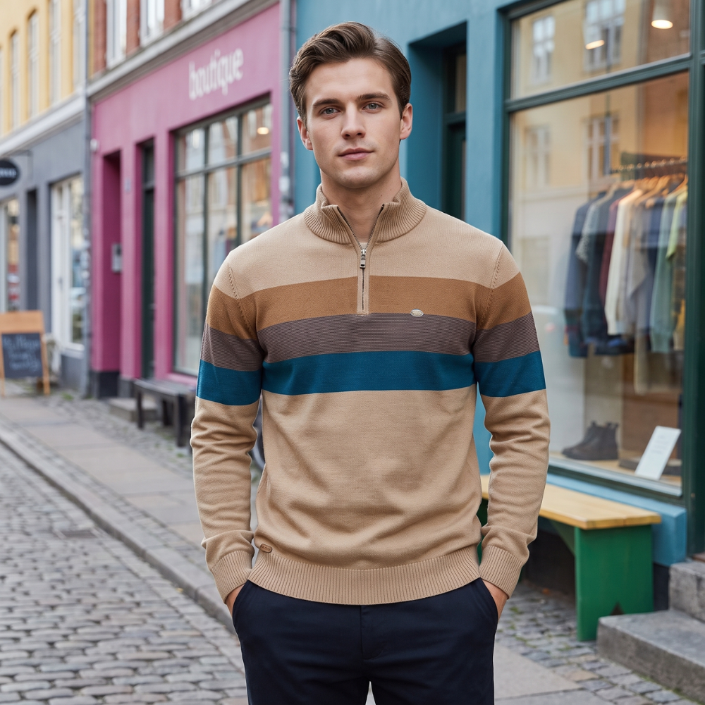Herre Half Zip Sweater Klassisk Stribet Casual Stil