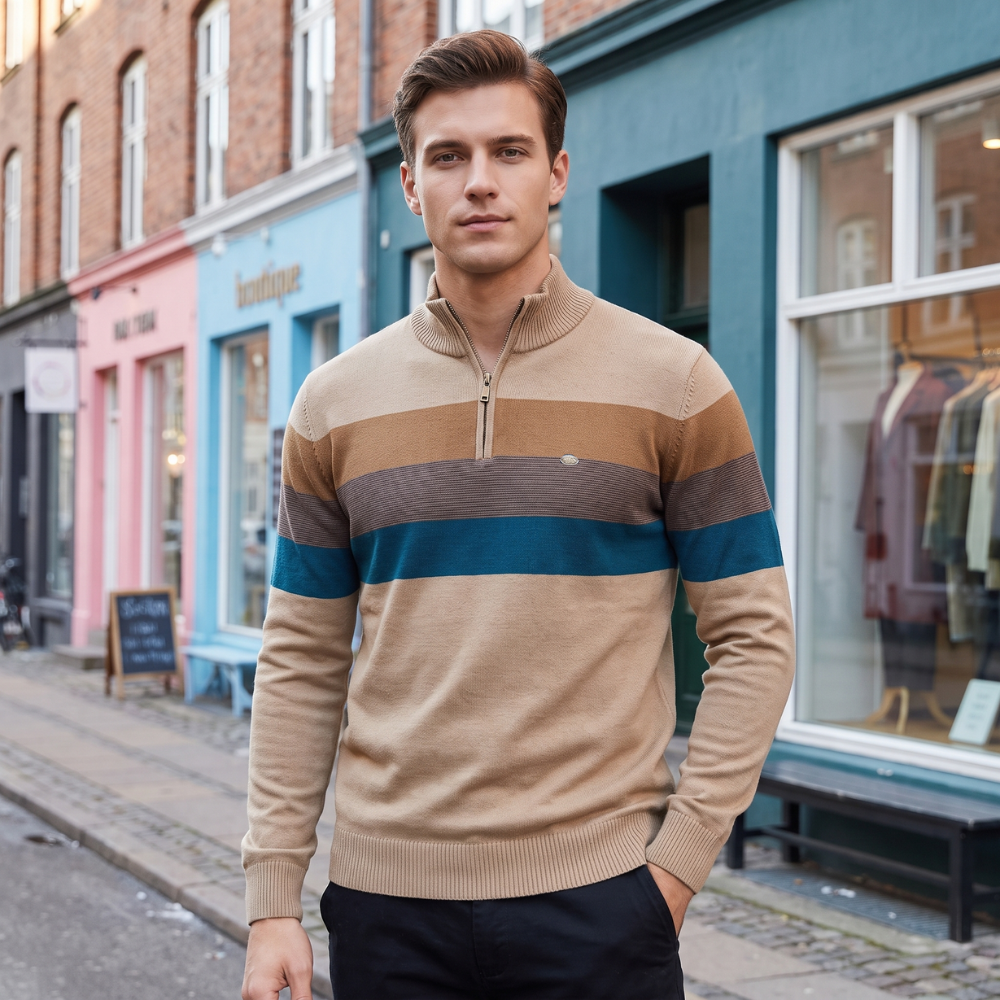 Herre Half Zip Sweater Klassisk Stribet Casual Stil