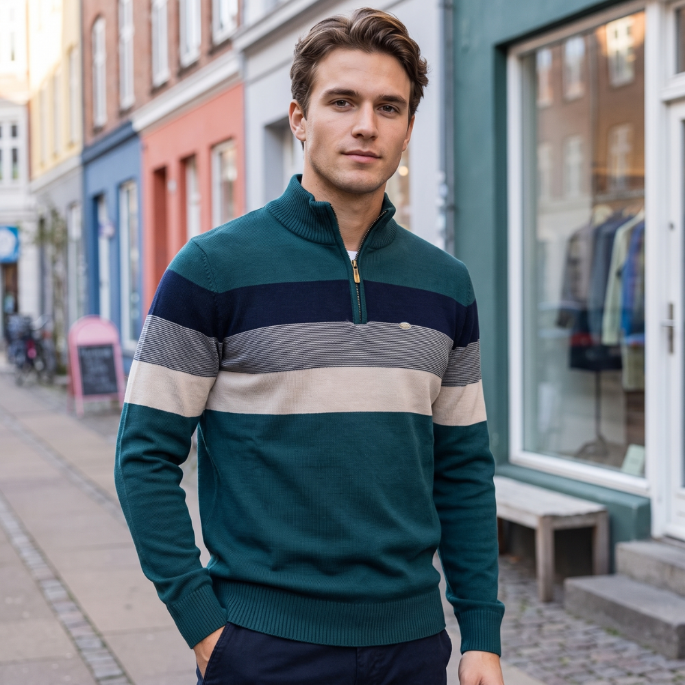 Herre Half Zip Sweater Klassisk Stribet Casual Stil