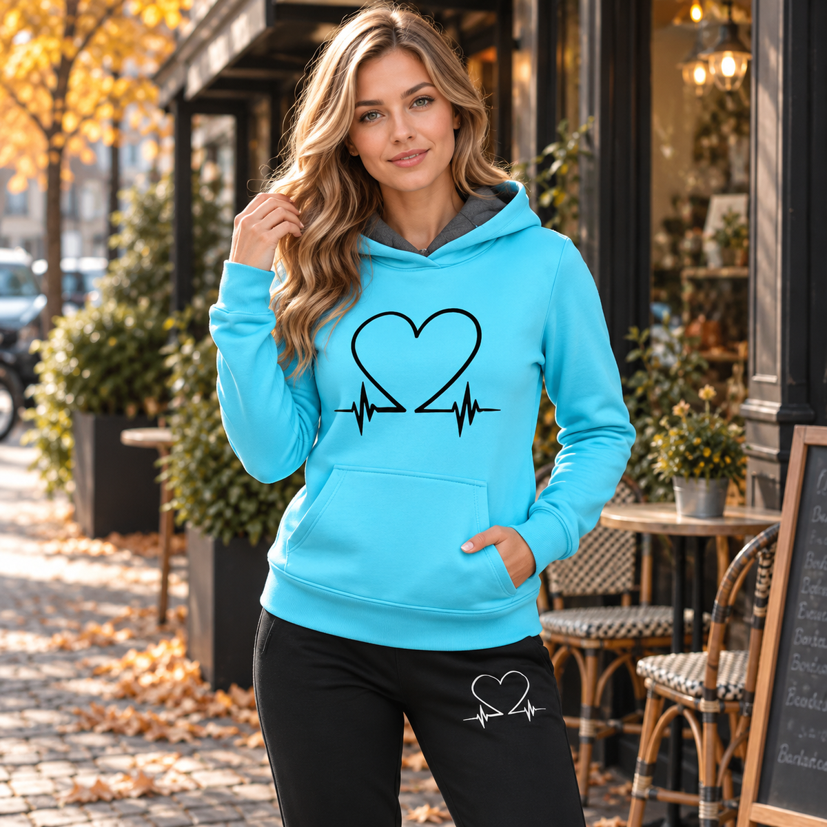 Blødt Fleece Hjerteslag Print Hoodie Sæt til Kvinder Komfortabel Hverdagsstil
