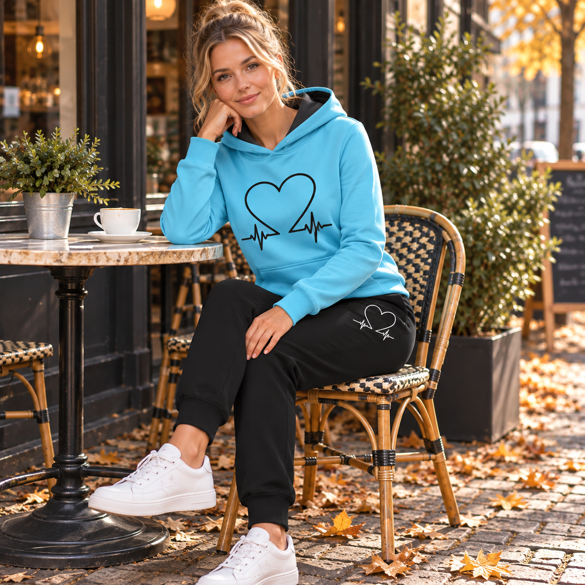 Blødt Fleece Hjerteslag Print Hoodie Sæt til Kvinder Komfortabel Hverdagsstil
