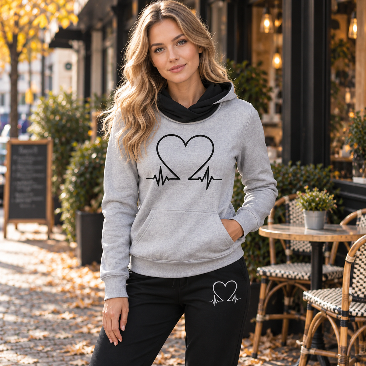 Blødt Fleece Hjerteslag Print Hoodie Sæt til Kvinder Komfortabel Hverdagsstil