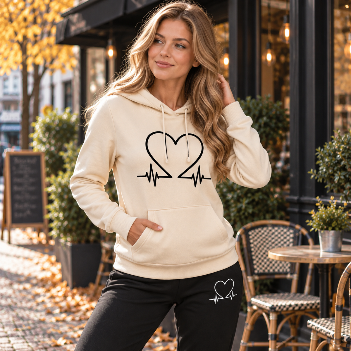 Blødt Fleece Hjerteslag Print Hoodie Sæt til Kvinder Komfortabel Hverdagsstil