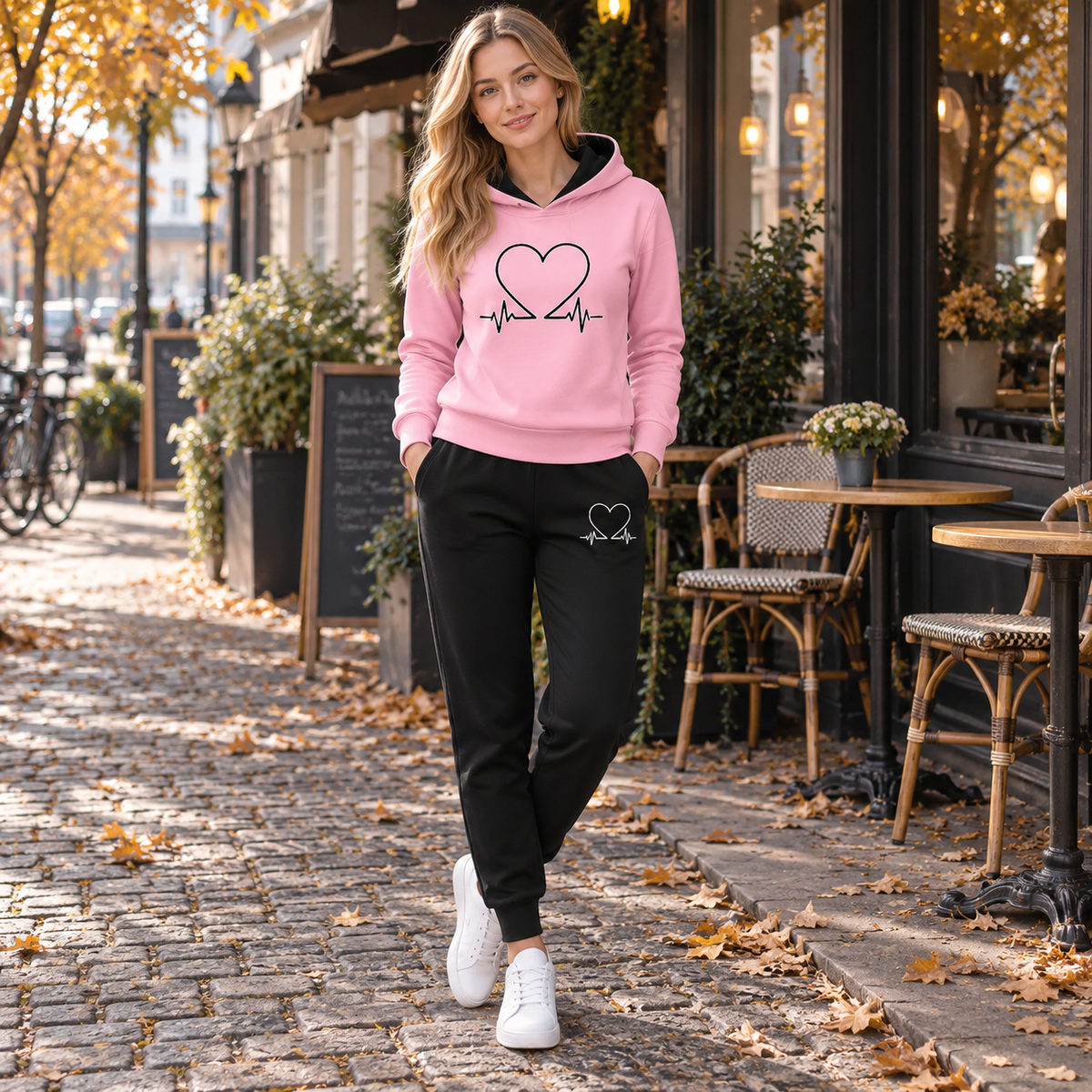 Blødt Fleece Hjerteslag Print Hoodie Sæt til Kvinder Komfortabel Hverdagsstil