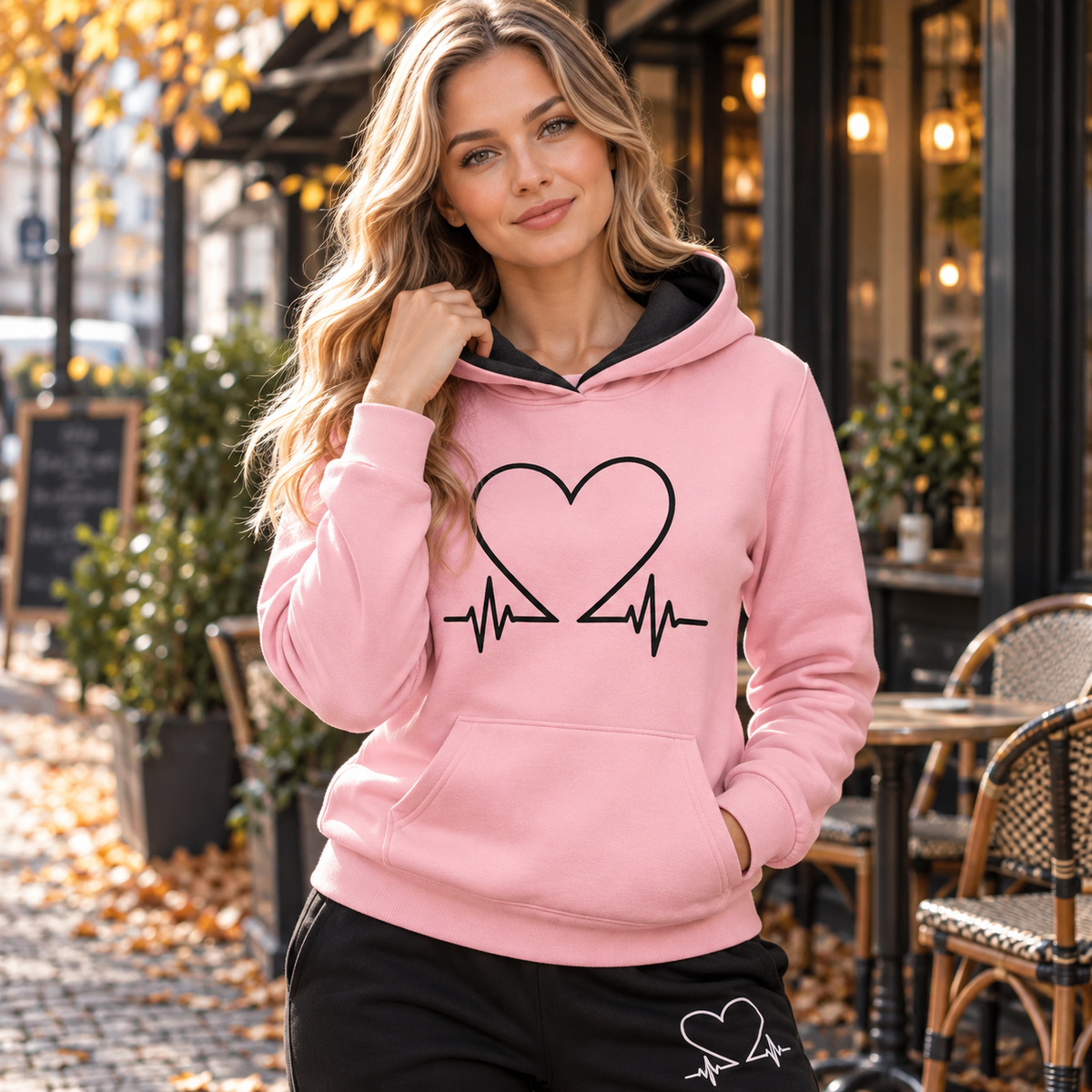 Blødt Fleece Hjerteslag Print Hoodie Sæt til Kvinder Komfortabel Hverdagsstil