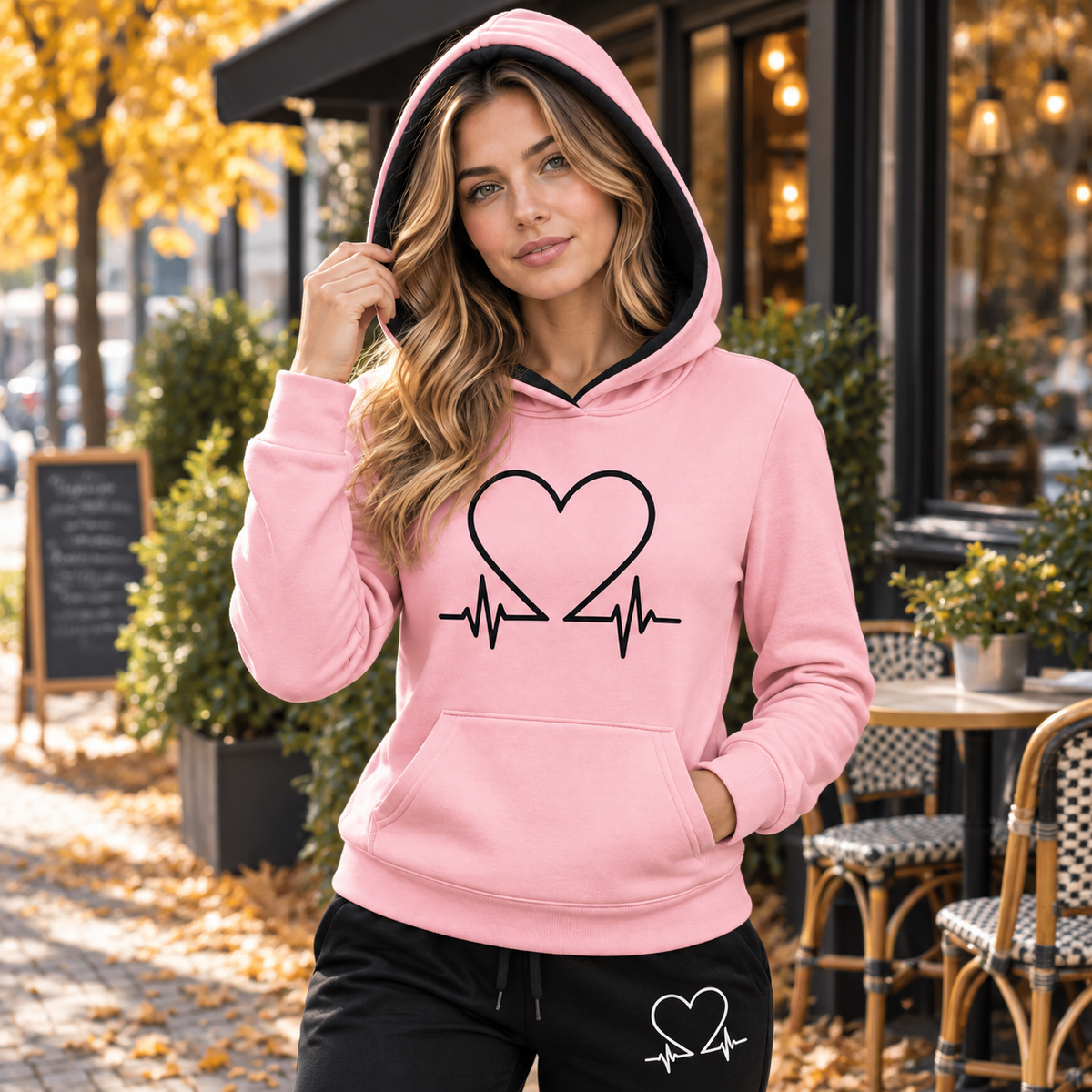 Blødt Fleece Hjerteslag Print Hoodie Sæt til Kvinder Komfortabel Hverdagsstil