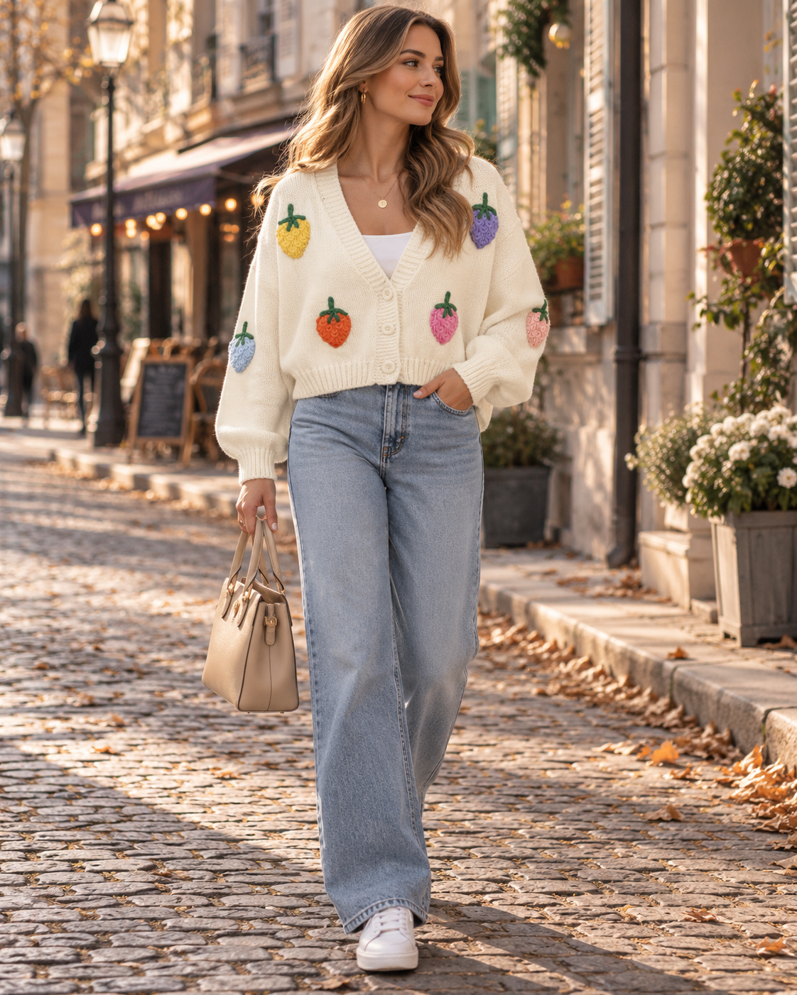Teresita Cardigan / Strikjakke Court til Damer - Strik med Motifs Fraises, V-udskæring & Fermeture Boutonnée