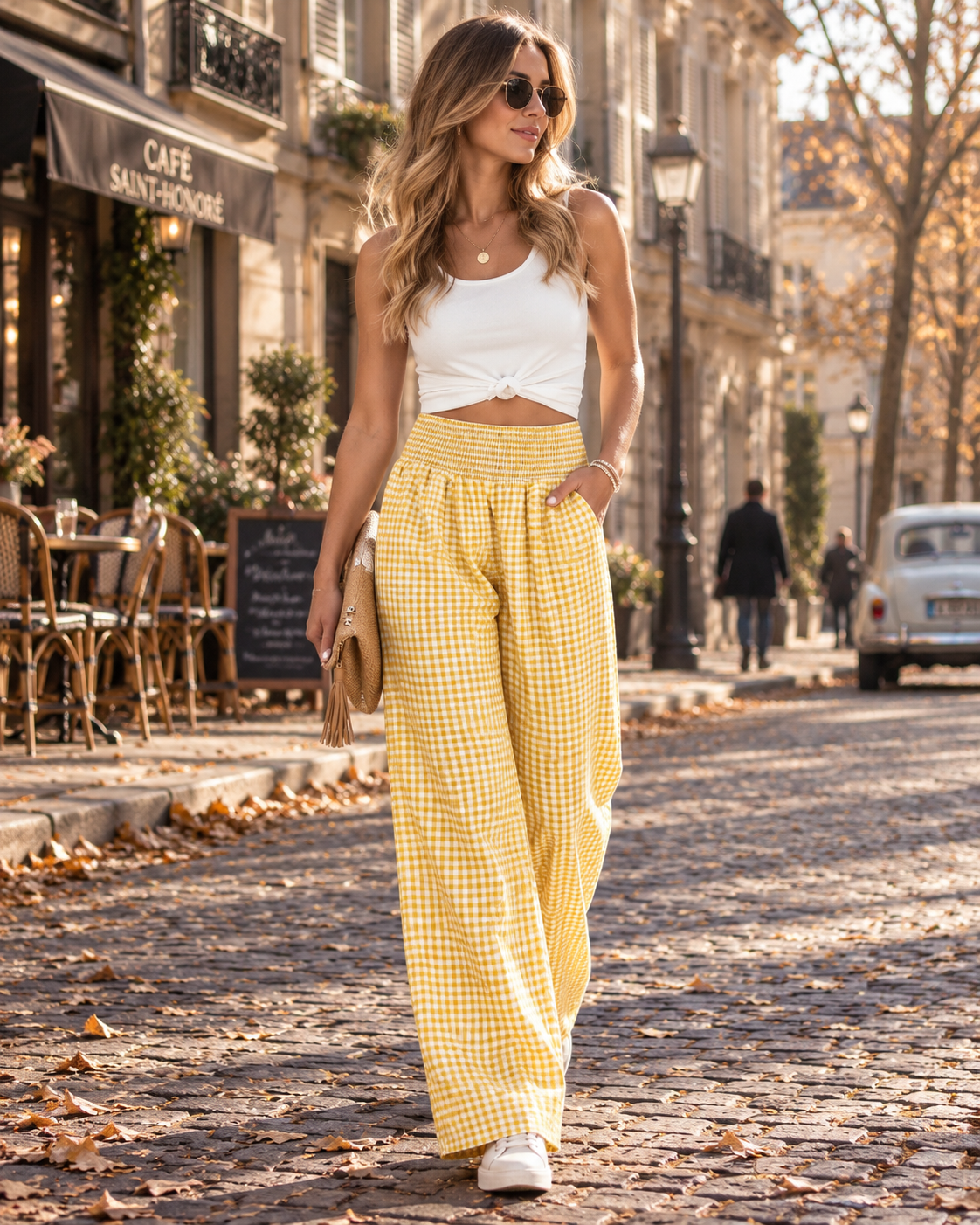 Hallie Bukser Palazzo til Damer - Motif Vichy, Størrelse Smockée, Jambes Larges & Lommer