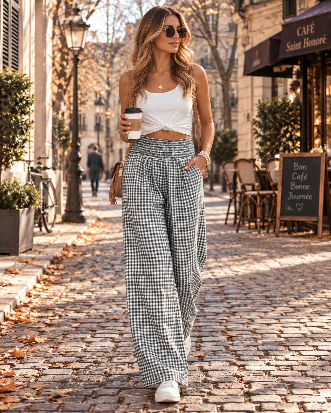 Hallie Bukser Palazzo til Damer - Motif Vichy, Størrelse Smockée, Jambes Larges & Lommer