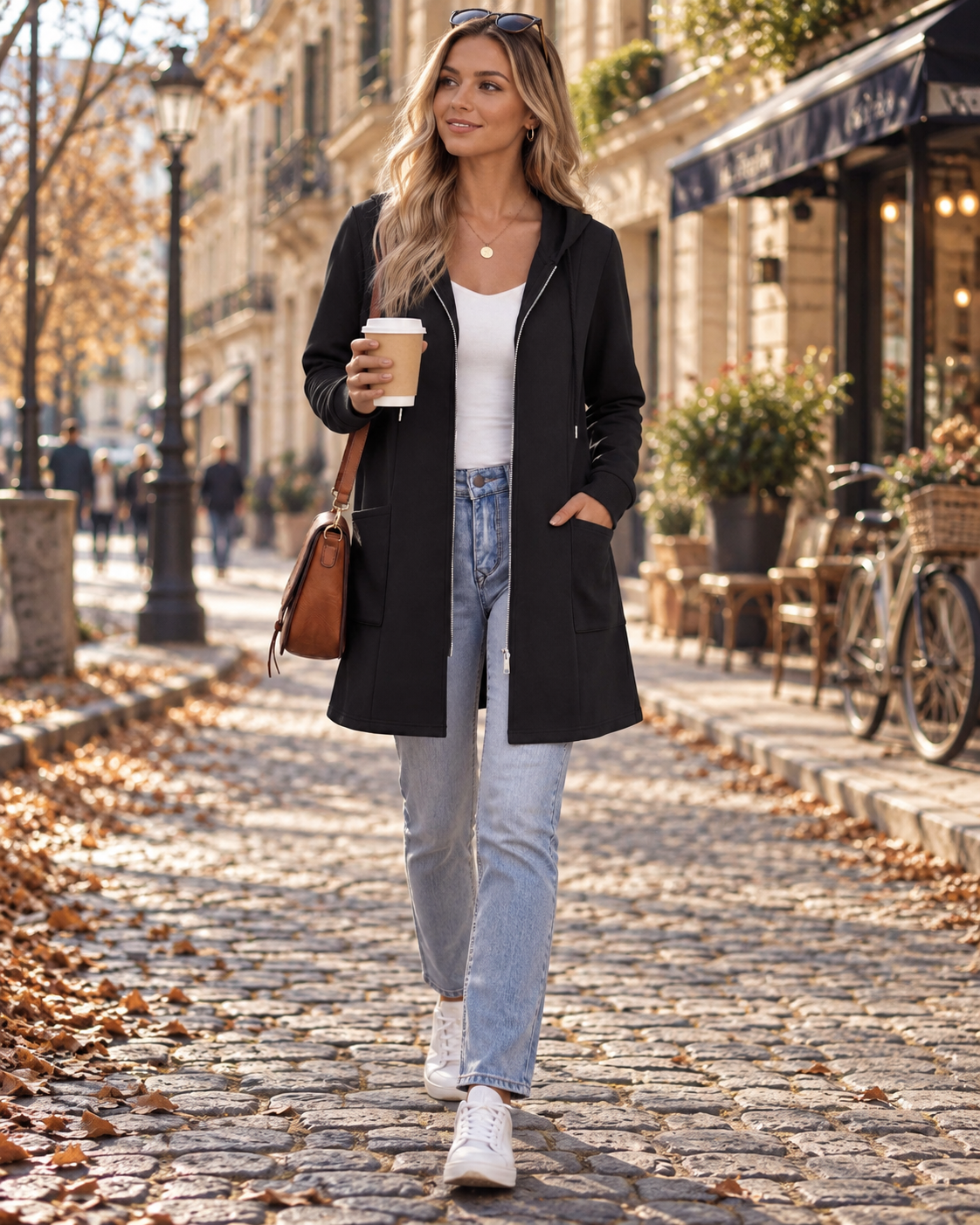 Harline Sweatshirt Long til Damer med Hætte - Lynlås, Løs Pasform & Lommer